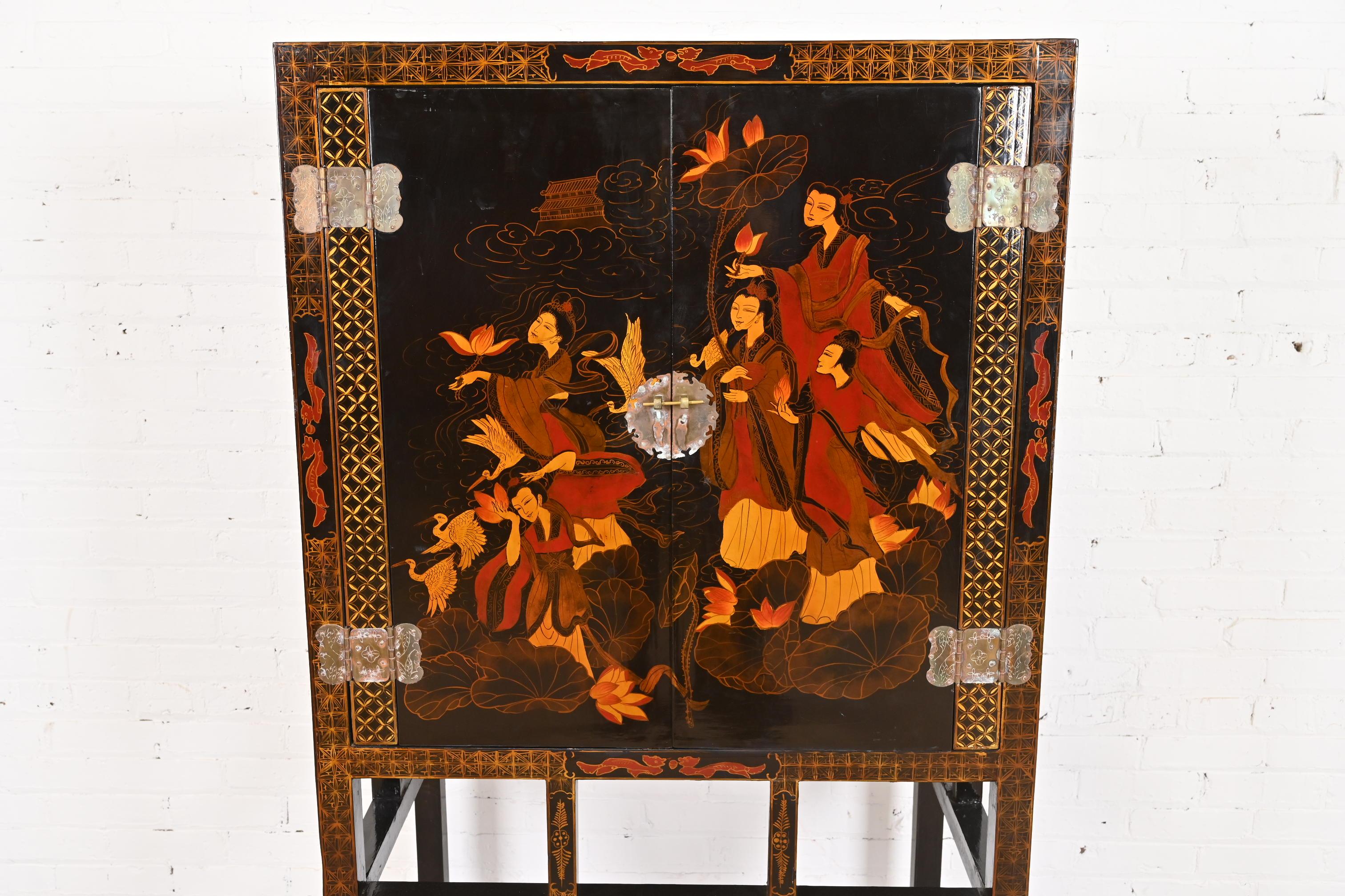 Hollywood Regency Chinoiserie Hand Painted Black Lacquered Bar Cabinet 2