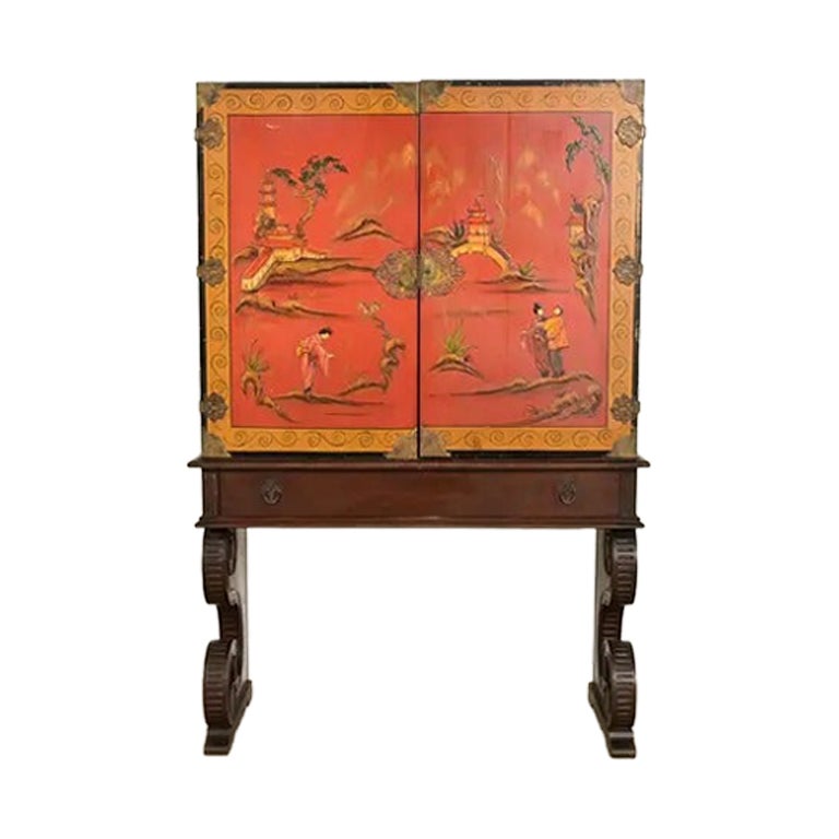 Hollywood Regency Chinoiserie Hand Painted Bookcase or Bar Cabinet, Circa 1920s