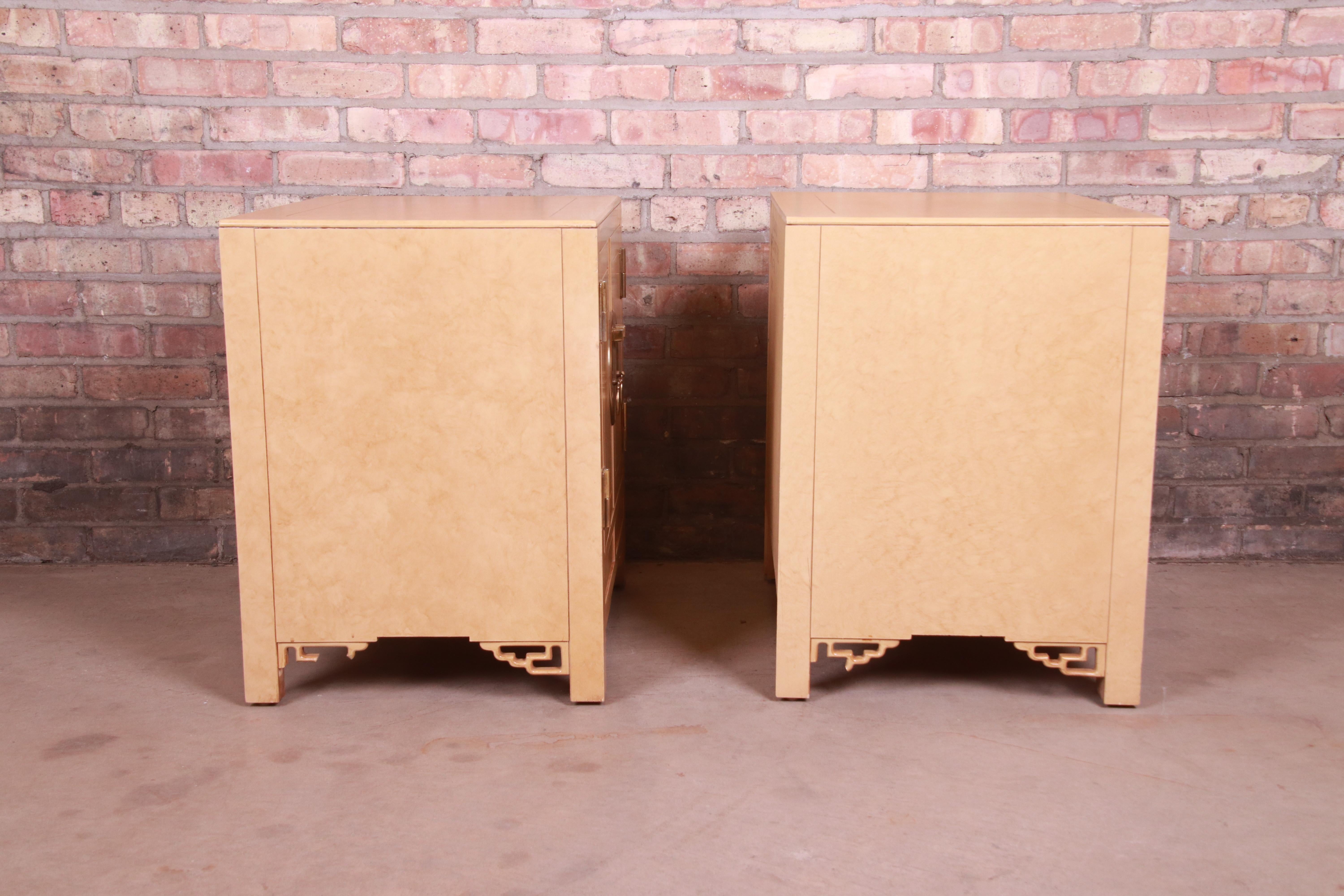 Hollywood Regency Chinoiserie Lacquered Faux Goatskin Bedside Cabinets, 1970s 5