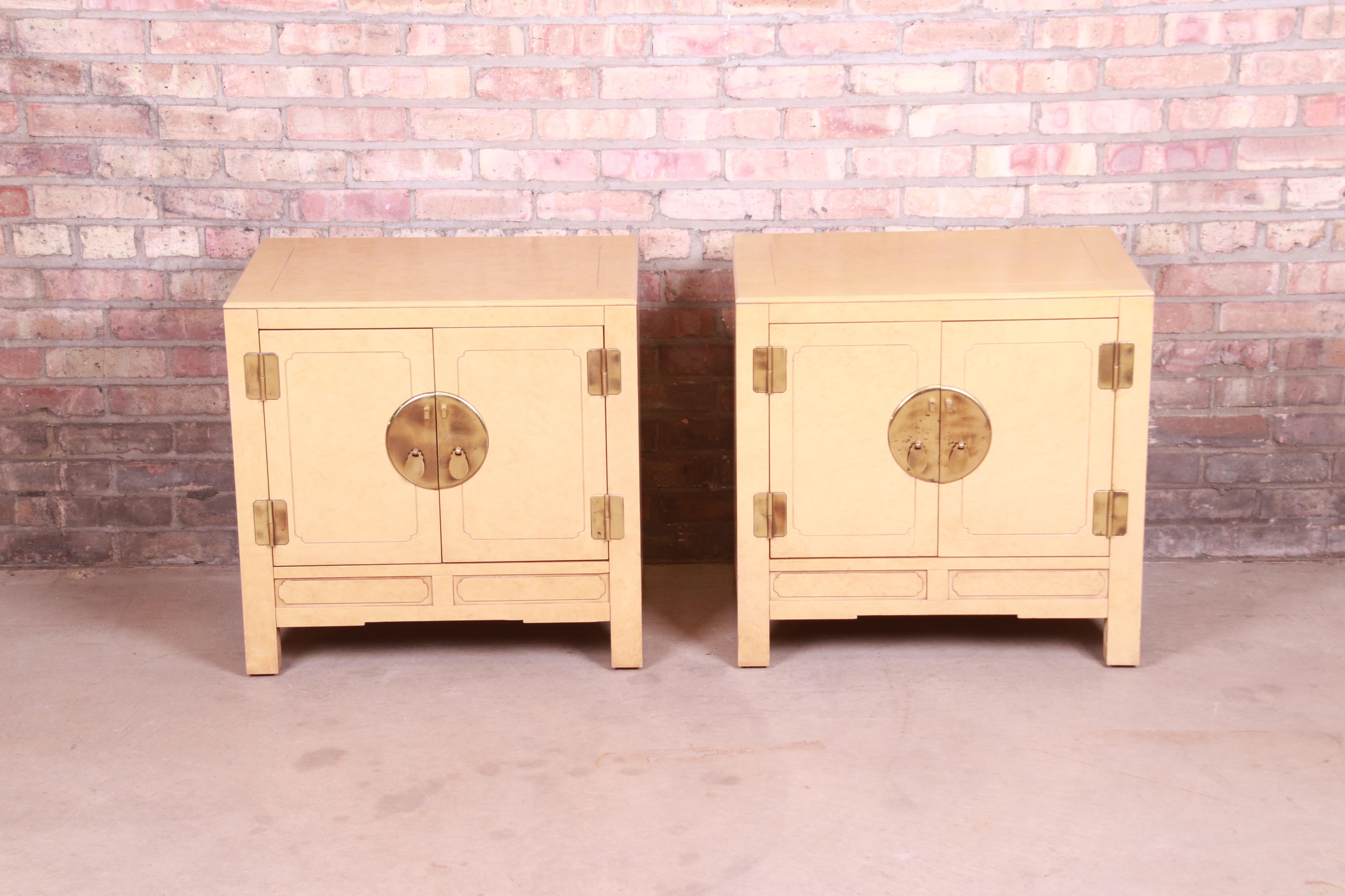 Mid-Century Modern Hollywood Regency Chinoiserie Lacquered Faux Goatskin Bedside Cabinets, 1970s