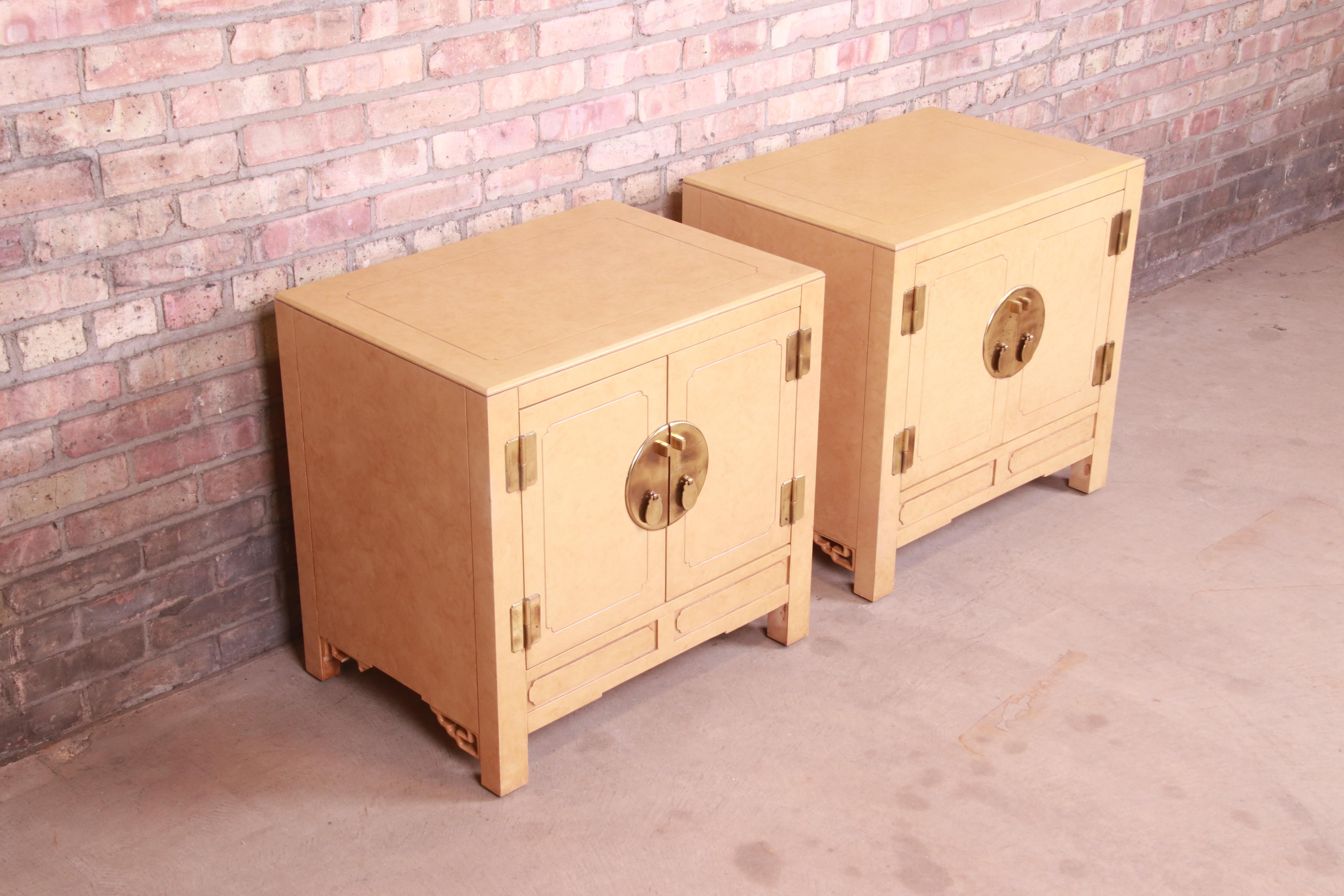 American Hollywood Regency Chinoiserie Lacquered Faux Goatskin Bedside Cabinets, 1970s