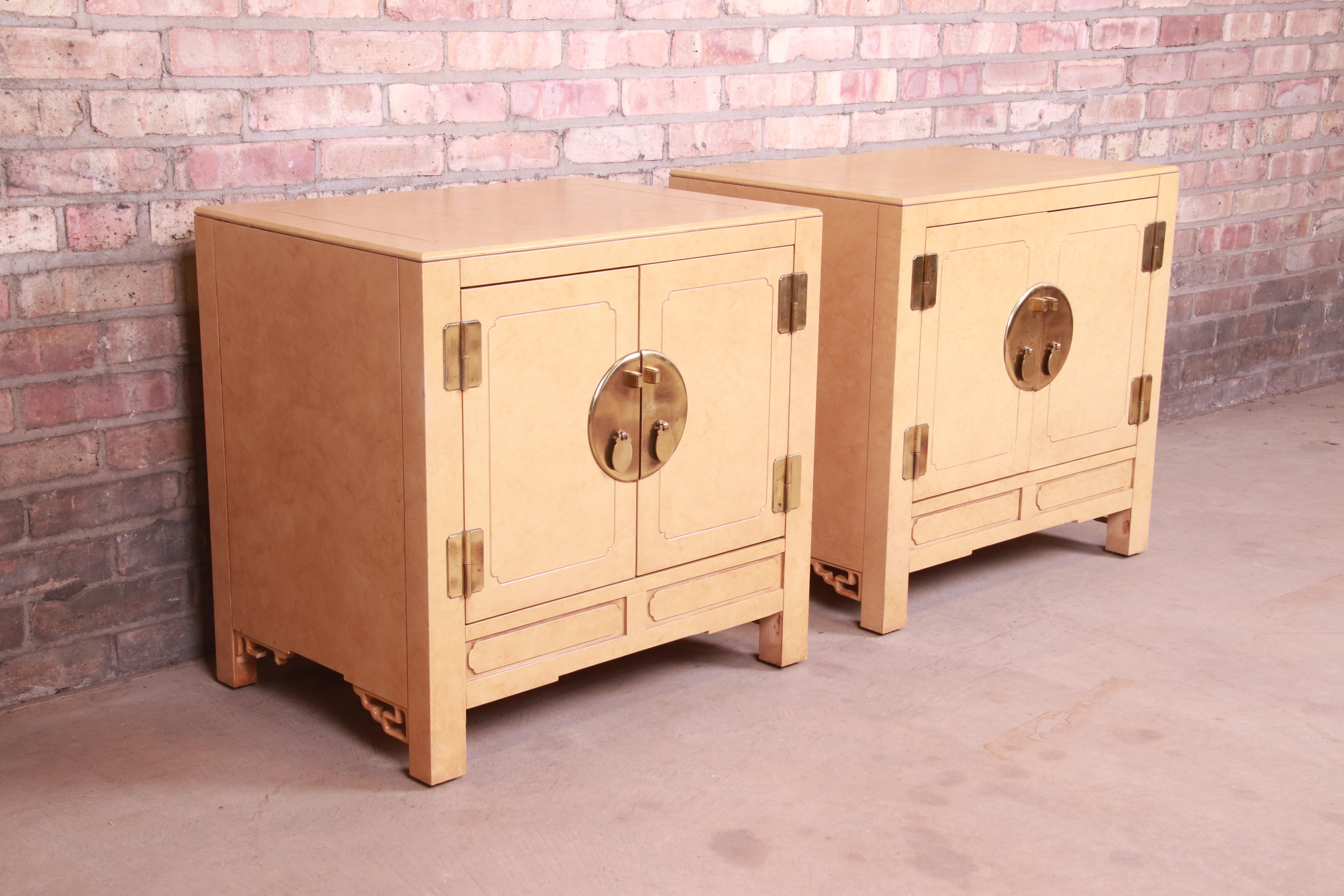 Late 20th Century Hollywood Regency Chinoiserie Lacquered Faux Goatskin Bedside Cabinets, 1970s