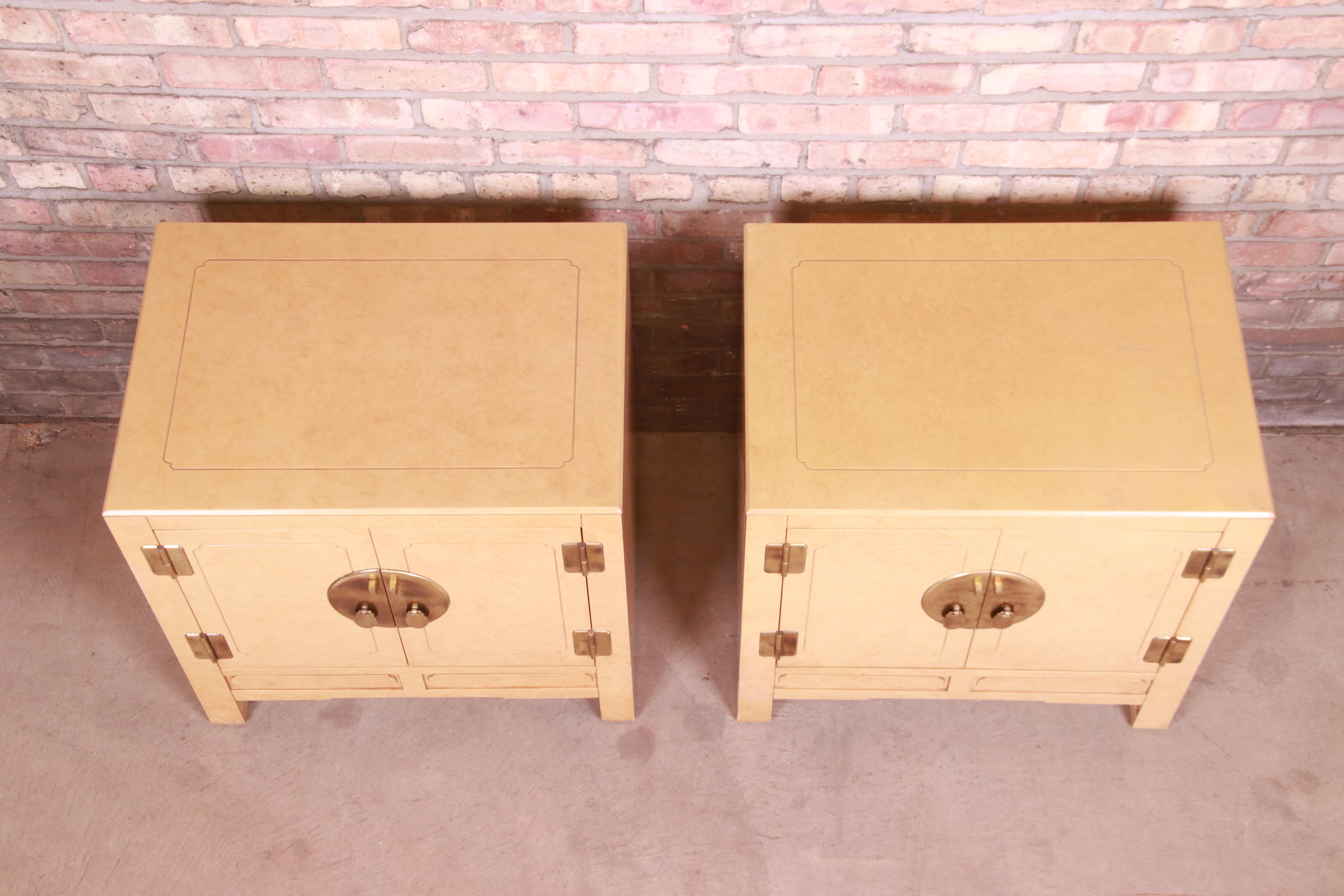Hollywood Regency Chinoiserie Lacquered Faux Goatskin Bedside Cabinets, 1970s 2