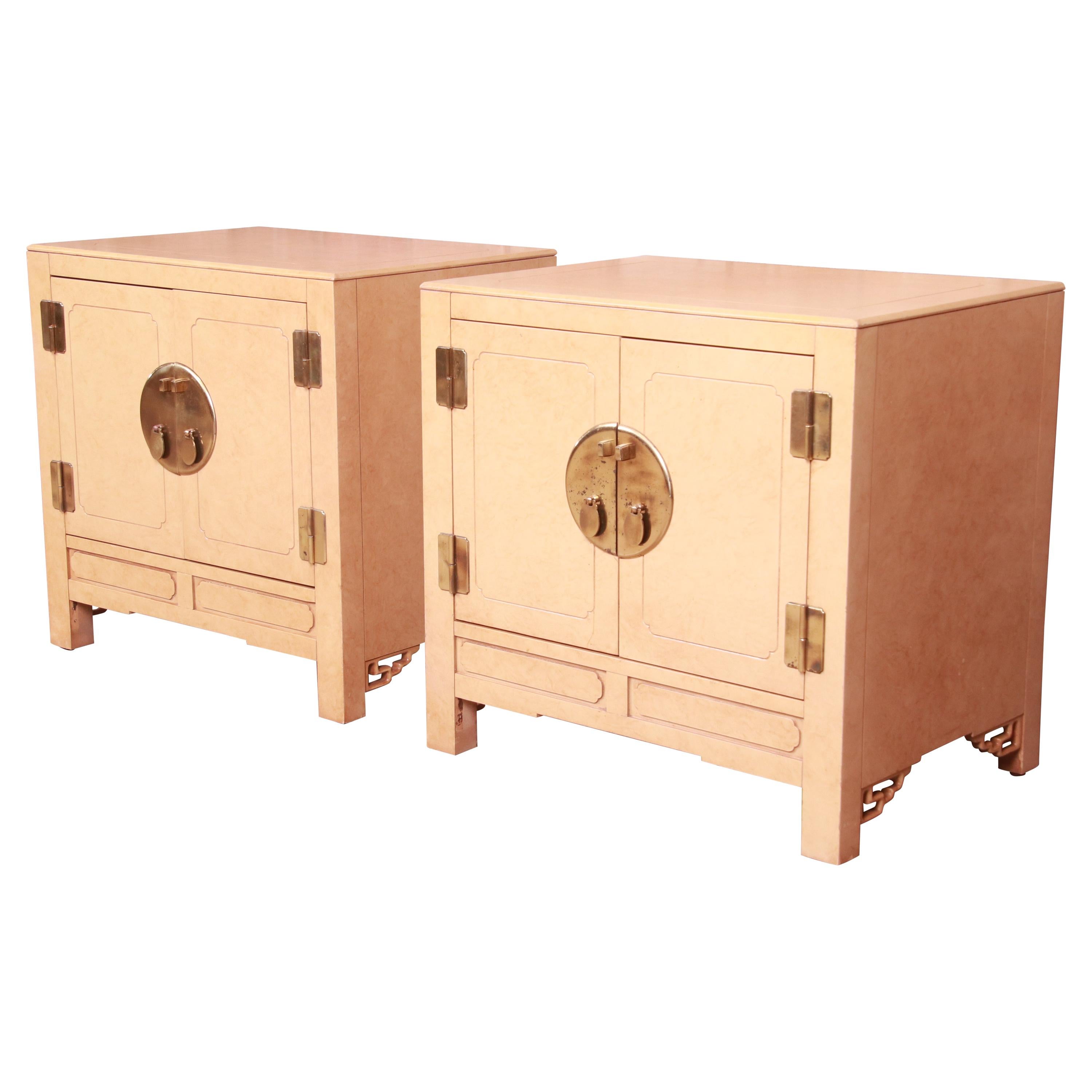 Hollywood Regency Chinoiserie Lacquered Faux Goatskin Bedside Cabinets, 1970s