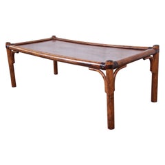 Hollywood Regency Chinoiserie Rattan and Leather Coffee Table