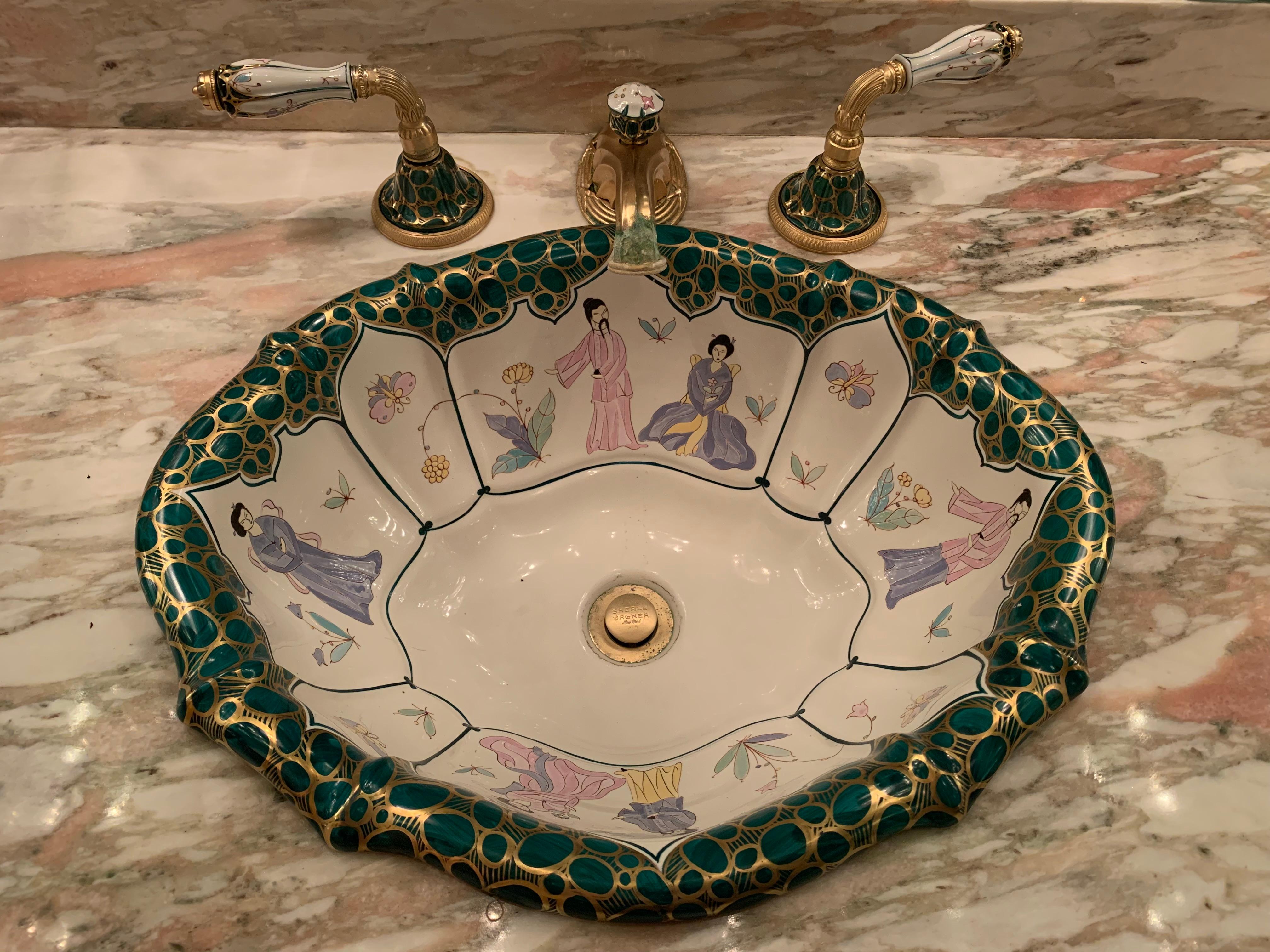 Italian Hollywood Regency Chinoiserie Sherle Wagner Wash Basin & Faucet 22-K Spout Italy