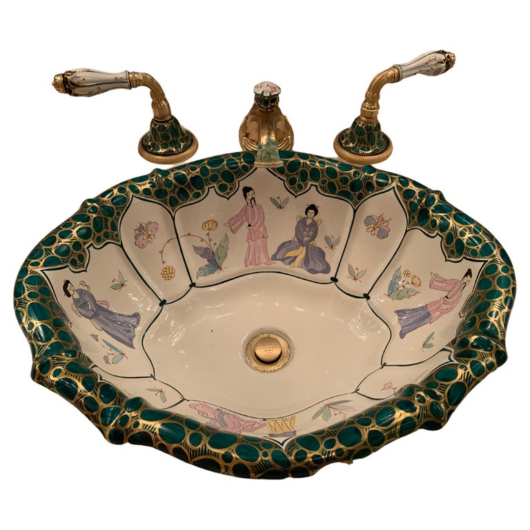 Hollywood Regency Chinoiserie Sherle Wagner Wash Basin & Faucet 22-K Spout Italy For Sale