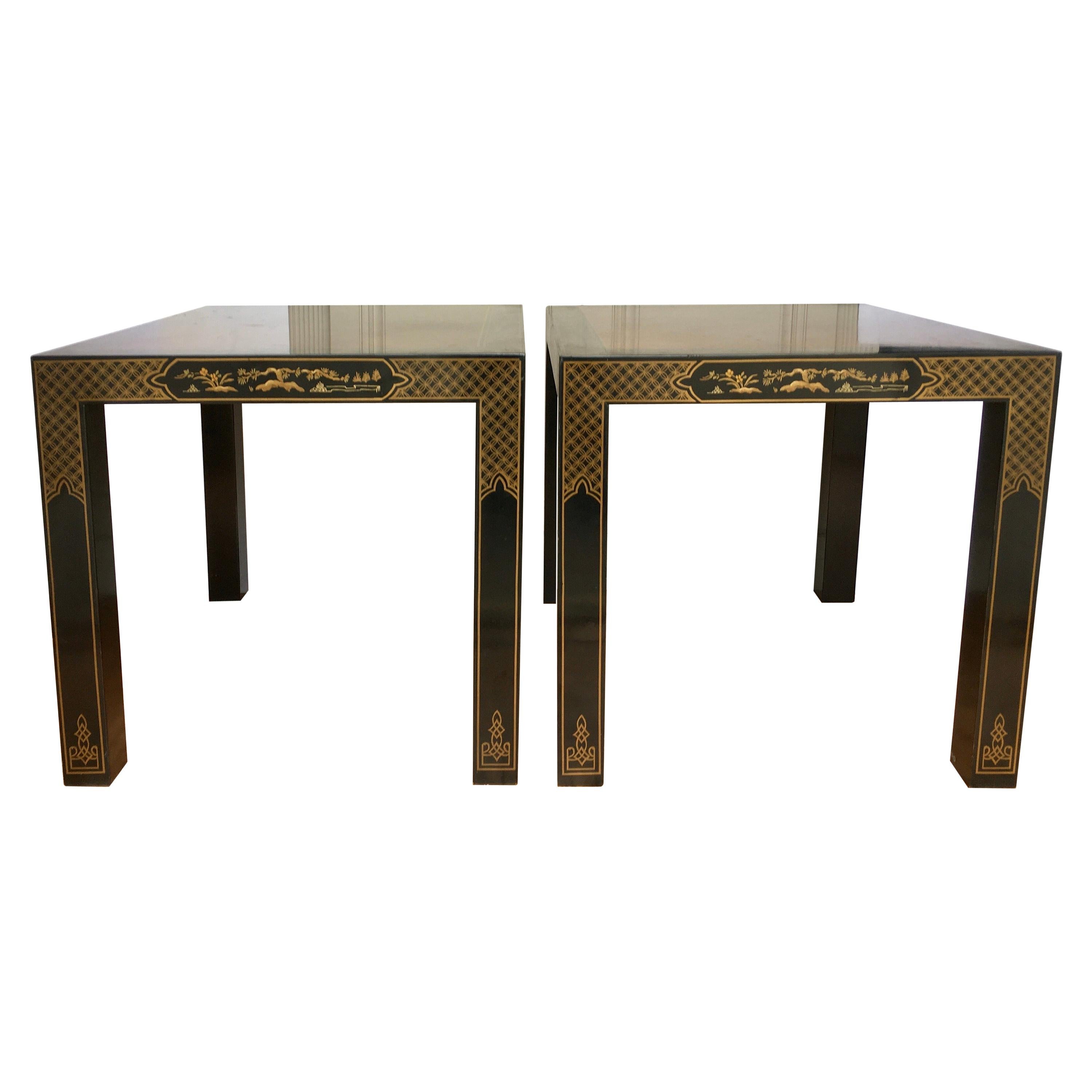 Hollywood Regency Chinoiserie Parsons Side End Tables, Drexel Heritage Et Cetera