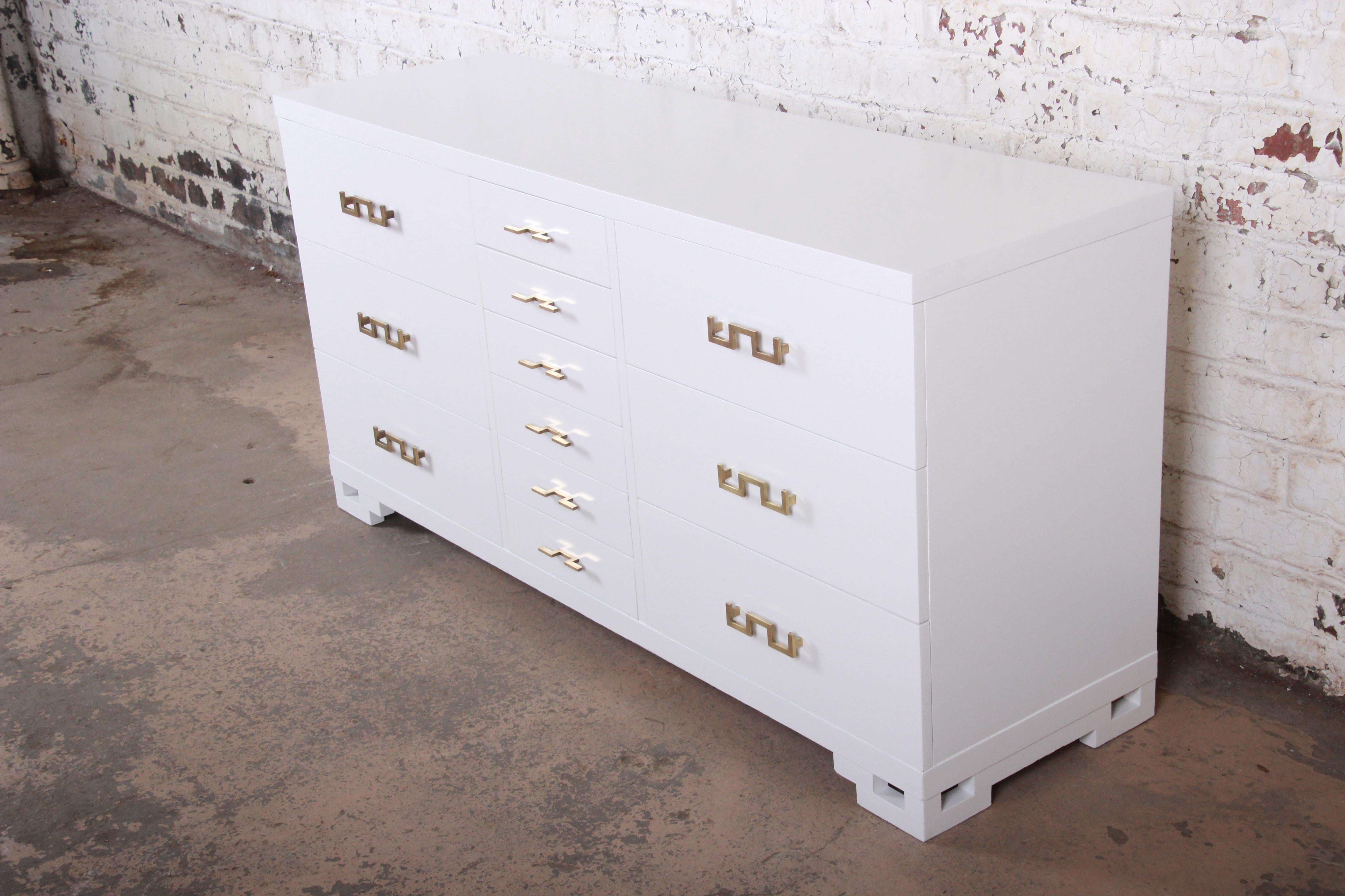 American Hollywood Regency Chinoiserie White Lacquered Dresser or Credenza, Restored