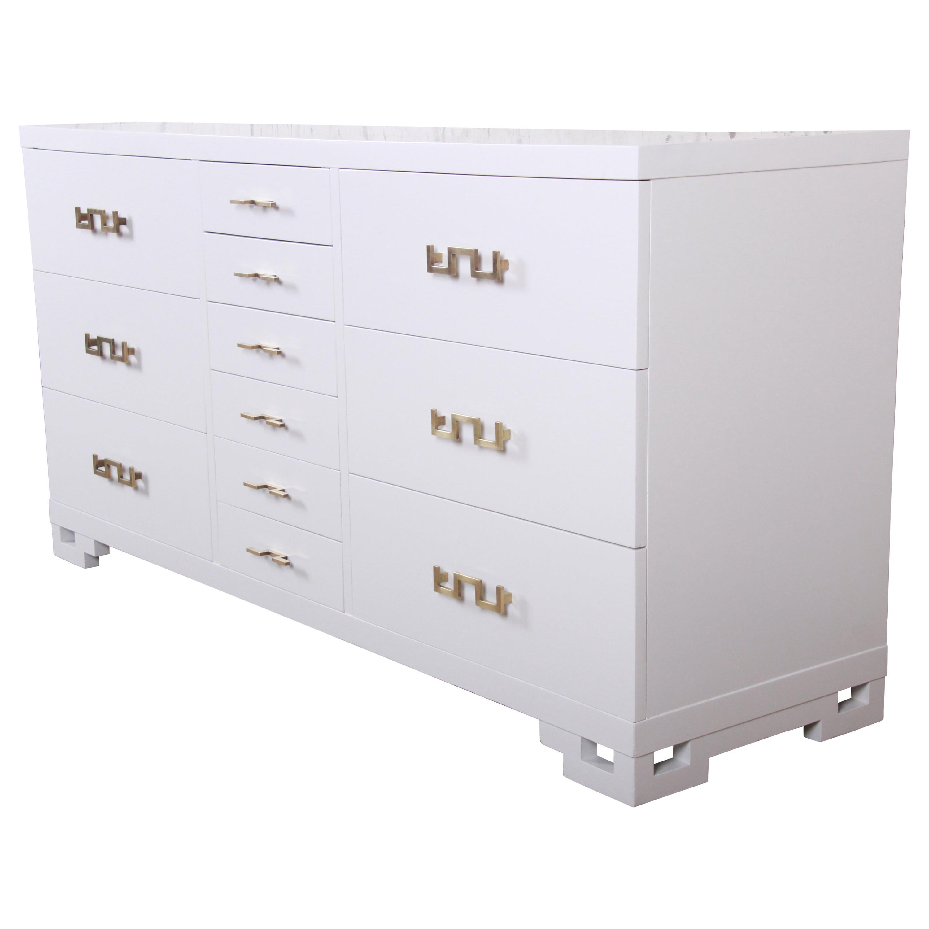 Hollywood Regency Chinoiserie White Lacquered Dresser or Credenza, Restored