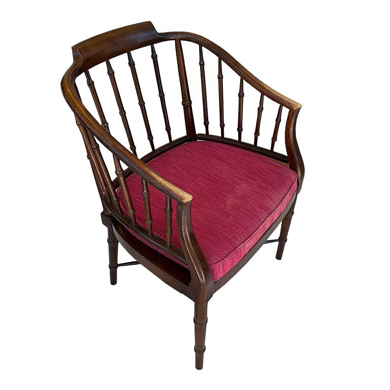 Hollywood Regency Chippendale Brown and Red Faux Bamboo Wood Barrel Arm Chair In Good Condition For Sale In Oklahoma City, OK