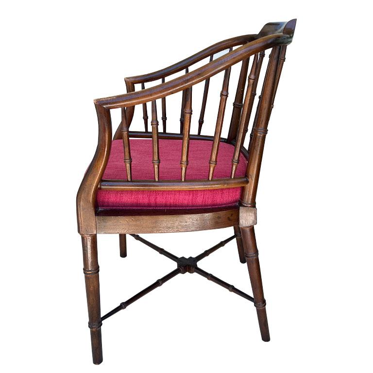 20th Century Hollywood Regency Chippendale Brown and Red Faux Bamboo Wood Barrel Arm Chair For Sale