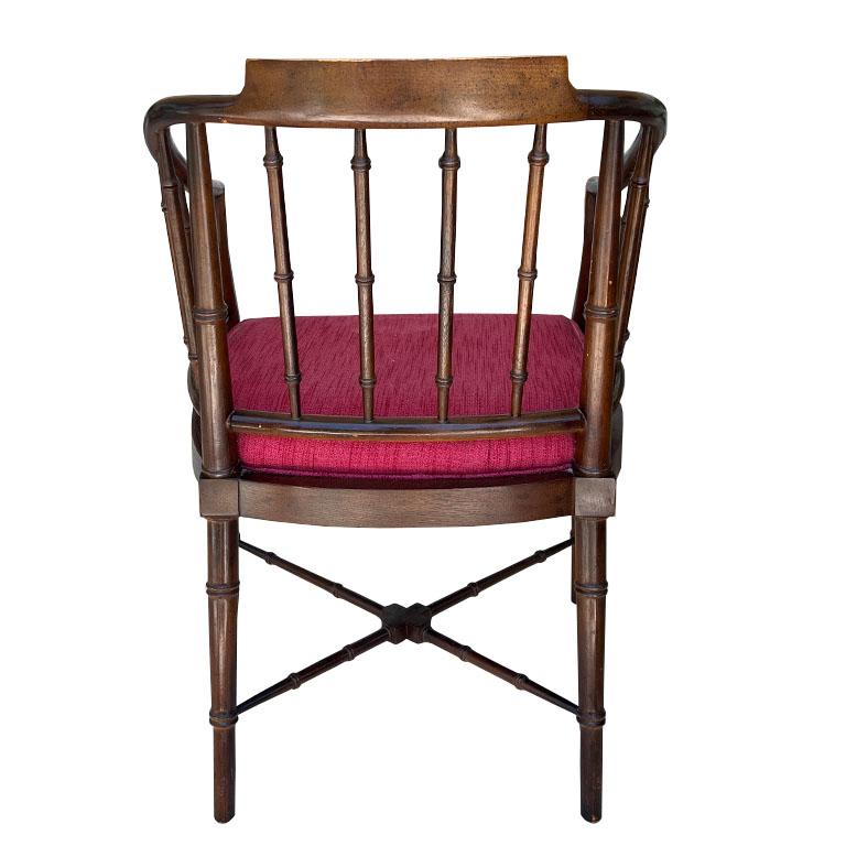 Fabric Hollywood Regency Chippendale Brown and Red Faux Bamboo Wood Barrel Arm Chair For Sale