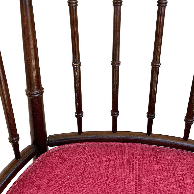 Hollywood Regency Chippendale Brown and Red Faux Bamboo Wood Barrel Arm Chair For Sale 1