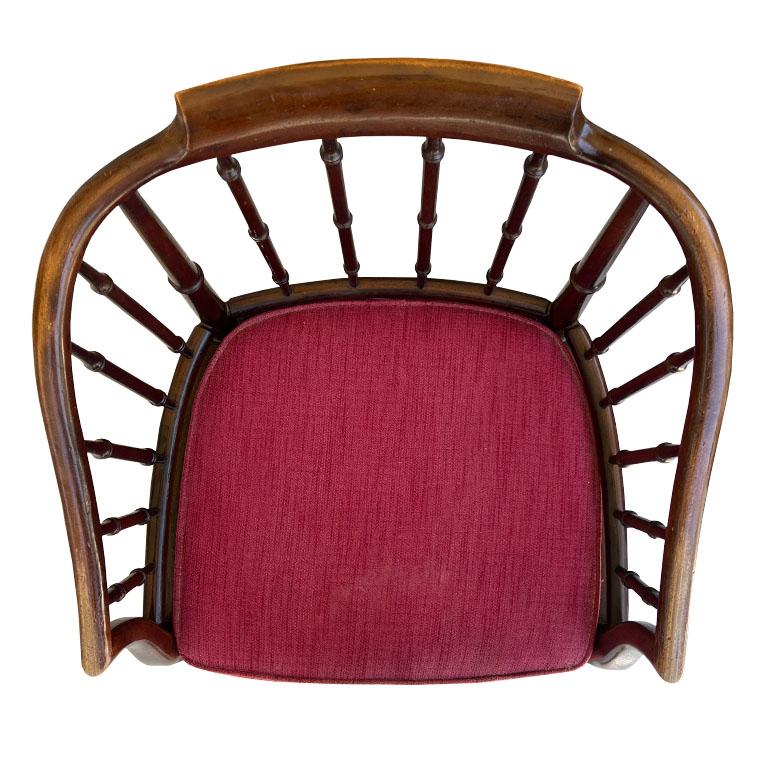 Hollywood Regency Chippendale Brown and Red Faux Bamboo Wood Barrel Arm Chair For Sale 2