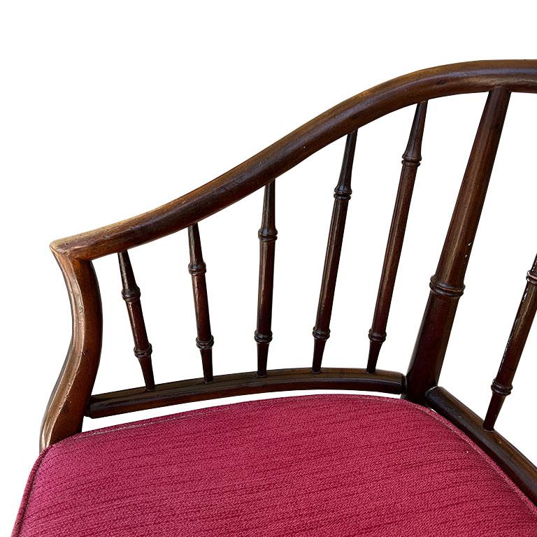 Hollywood Regency Chippendale Brown and Red Faux Bamboo Wood Barrel Arm Chair For Sale 3