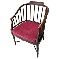 Hollywood Regency Chippendale Sillón con Brazos de Madera de Bambú Faux Marrón y Rojo