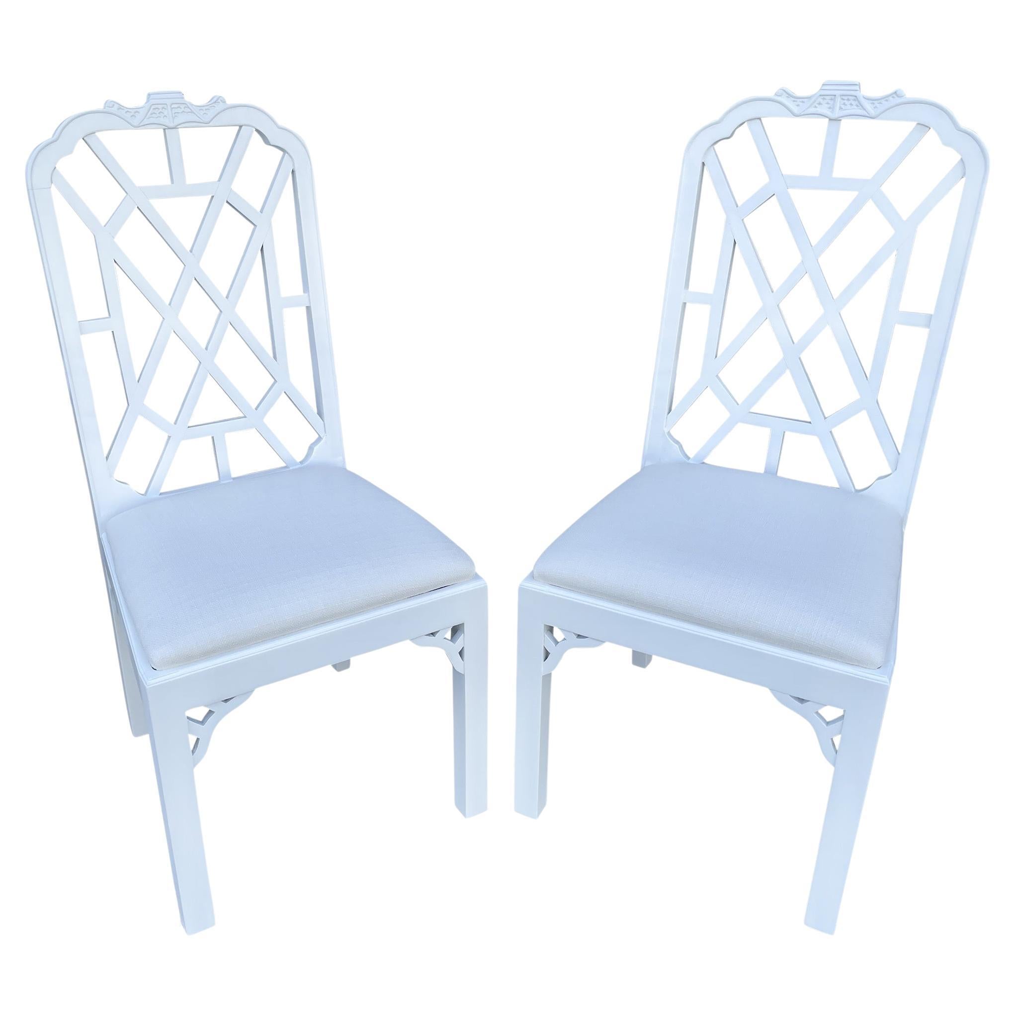 Hollywood Regency Chippendale Dining Side Chairs in New Todd Hase Textiles, a P For Sale