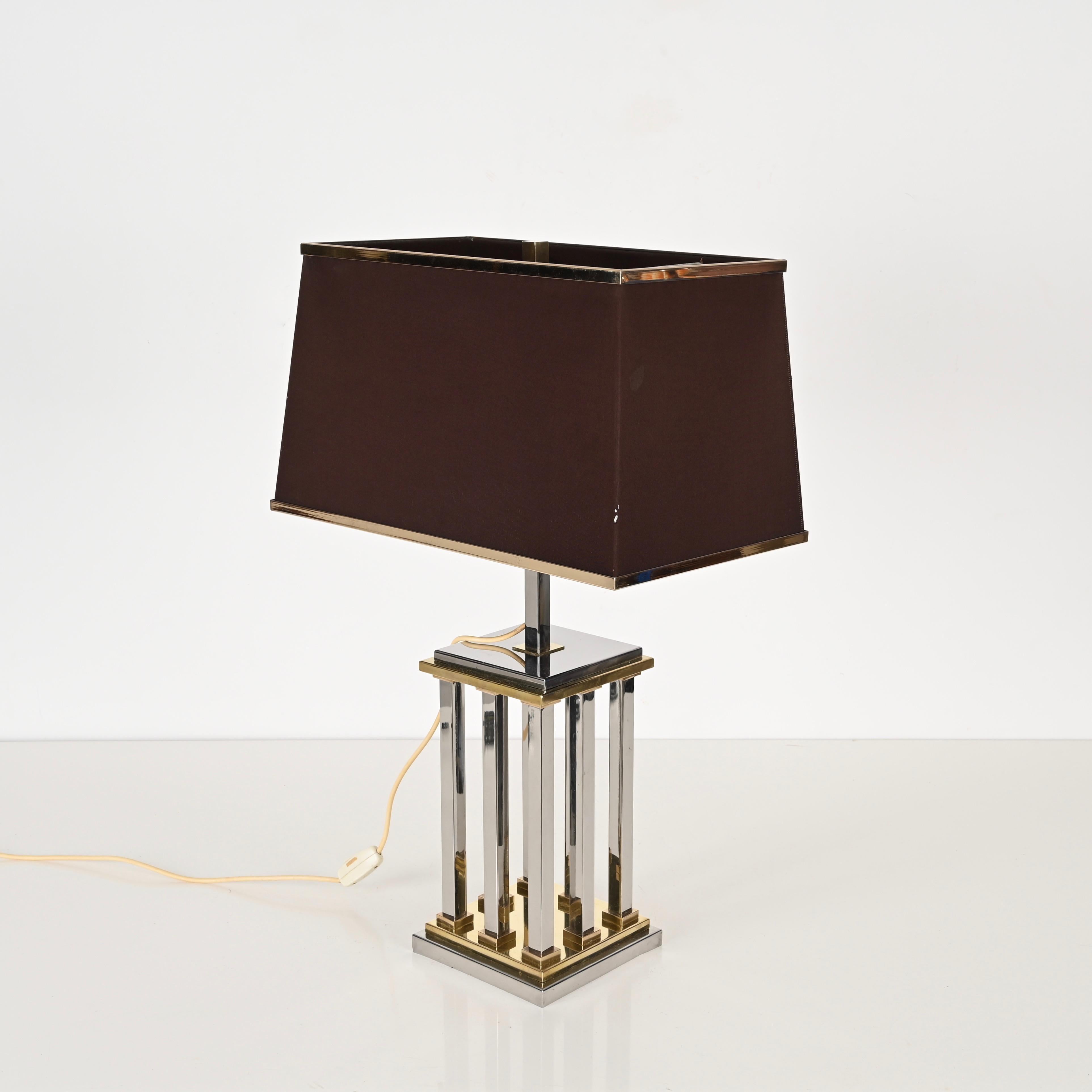 Hollywood Regency Chrome and Brass Columns Table Lamp by Rome Rega, Italy 1970s For Sale 3