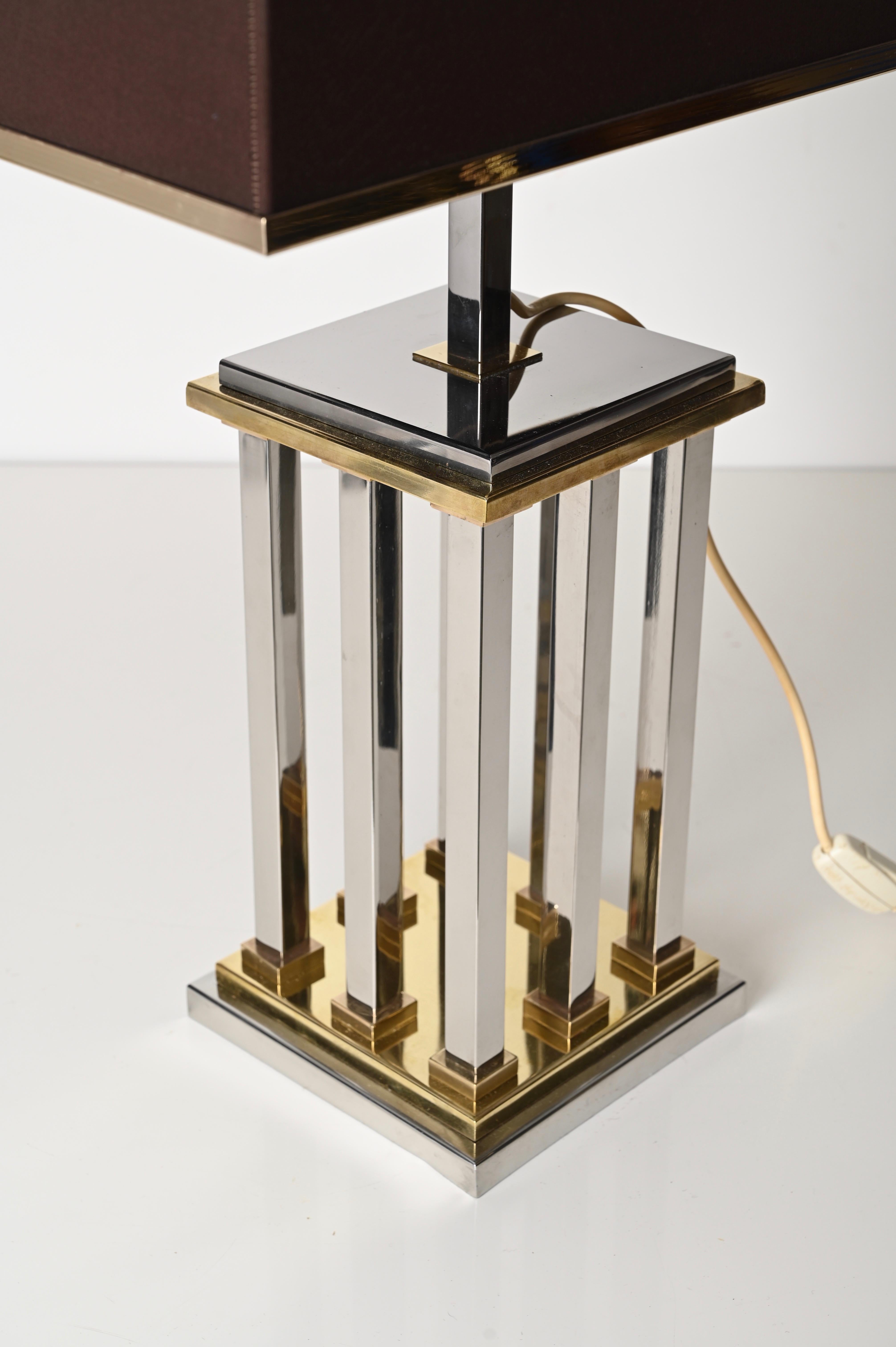 Hollywood Regency Chrome and Brass Columns Table Lamp by Rome Rega, Italy 1970s For Sale 4