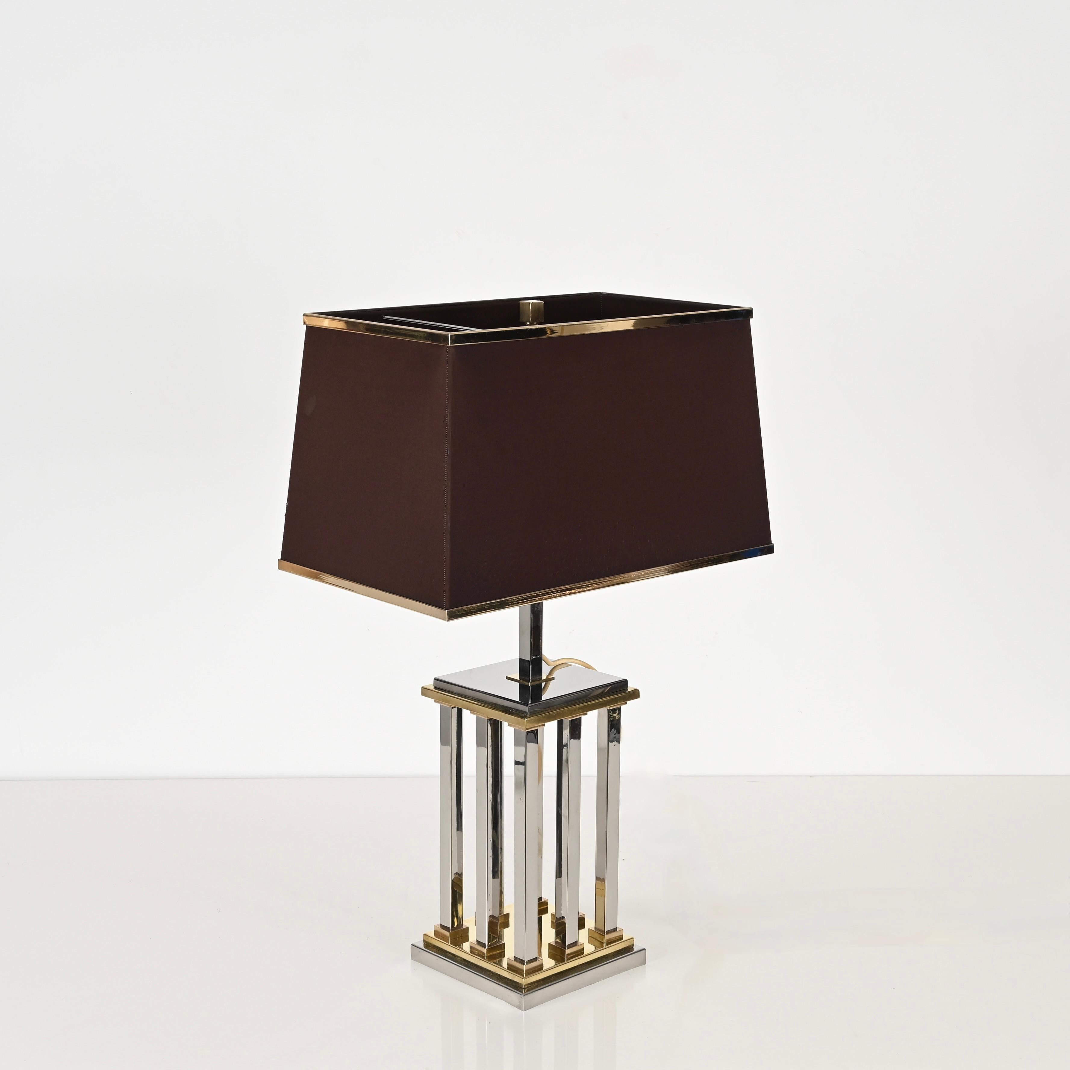 Late 20th Century Hollywood Regency Chrome and Brass Columns Table Lamp by Rome Rega, Italy 1970s For Sale
