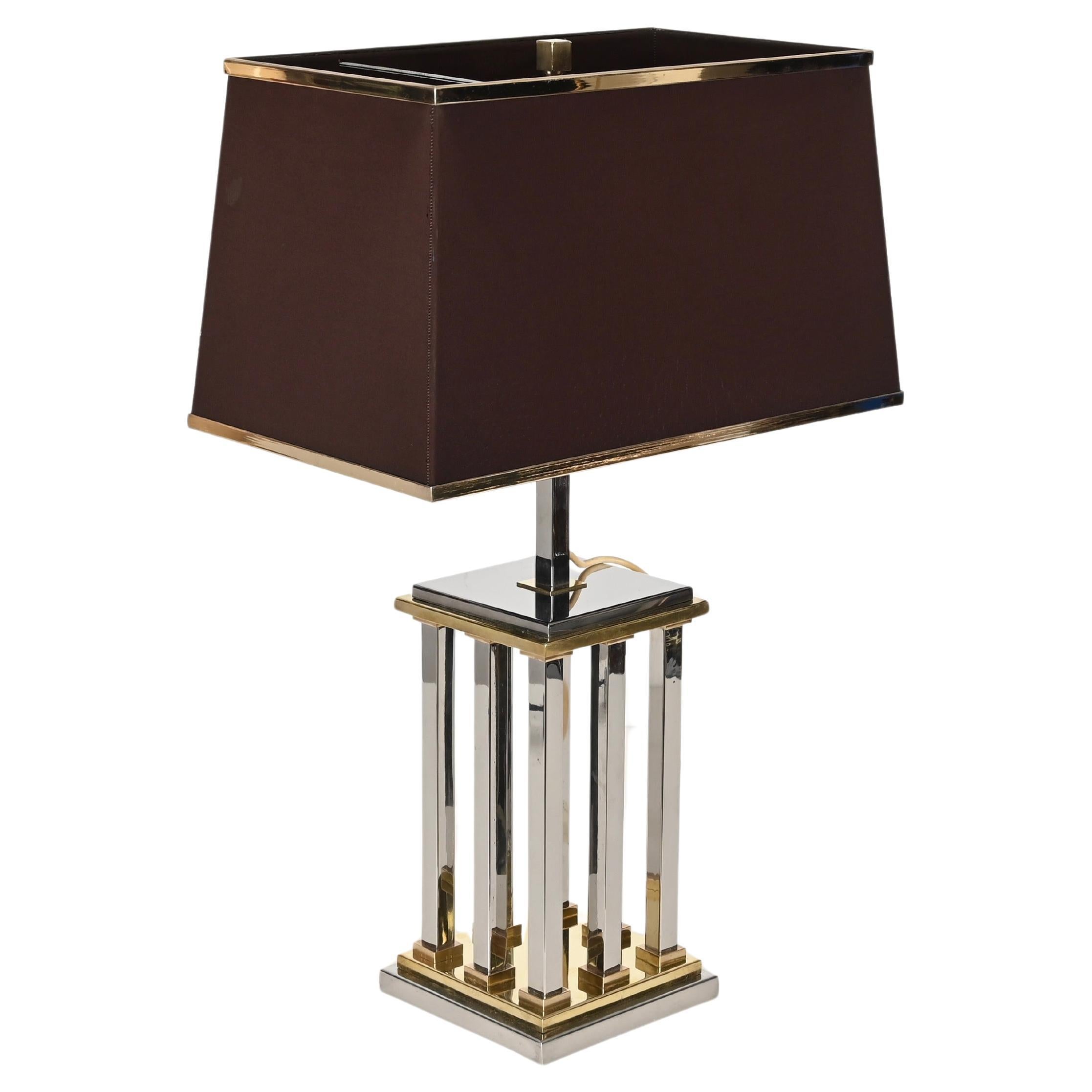 Hollywood Regency Chrome and Brass Columns Table Lamp by Rome Rega, Italy 1970s For Sale