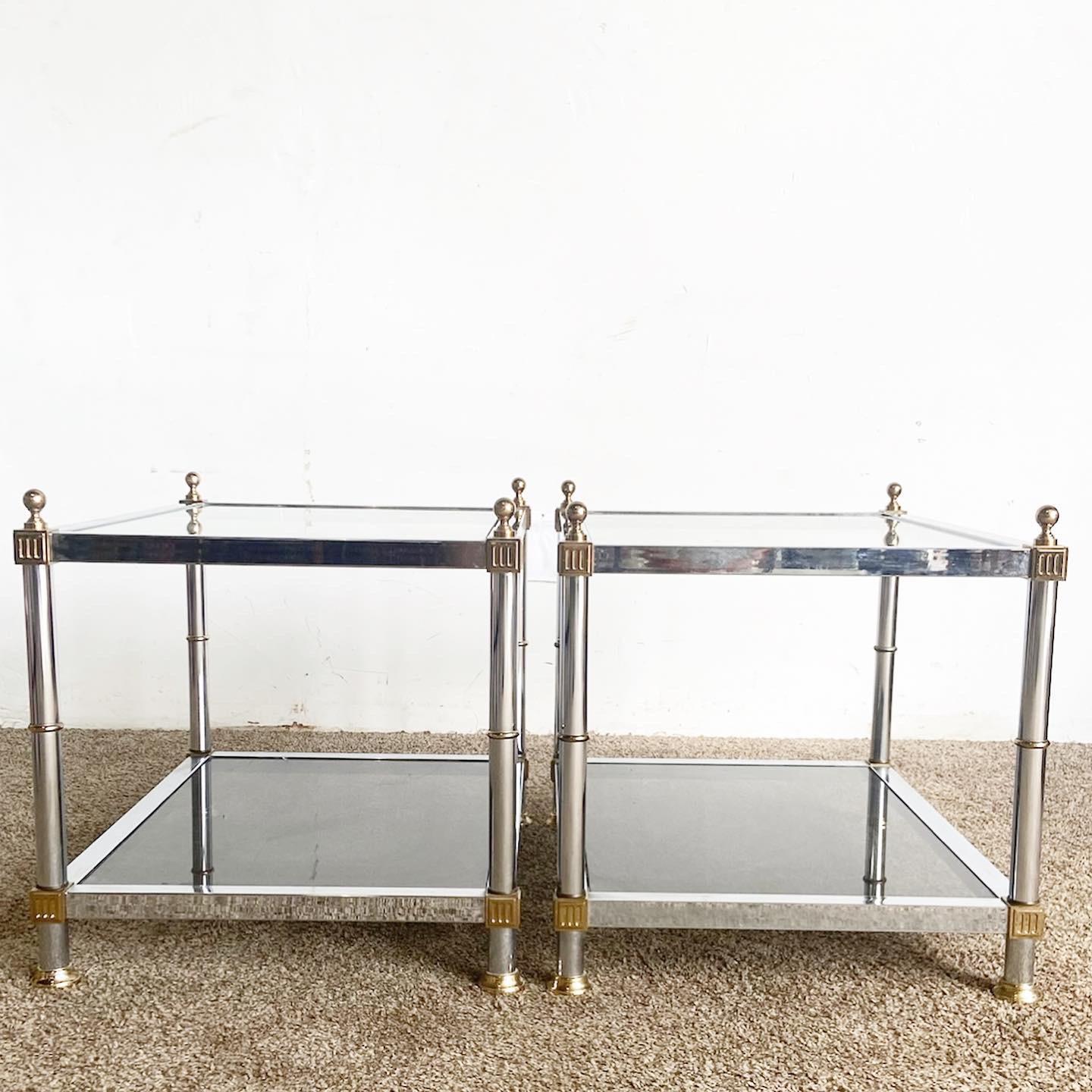 Hollywood Regency Chrome and Gold Smoked Glass Side Tables In Good Condition In Delray Beach, FL