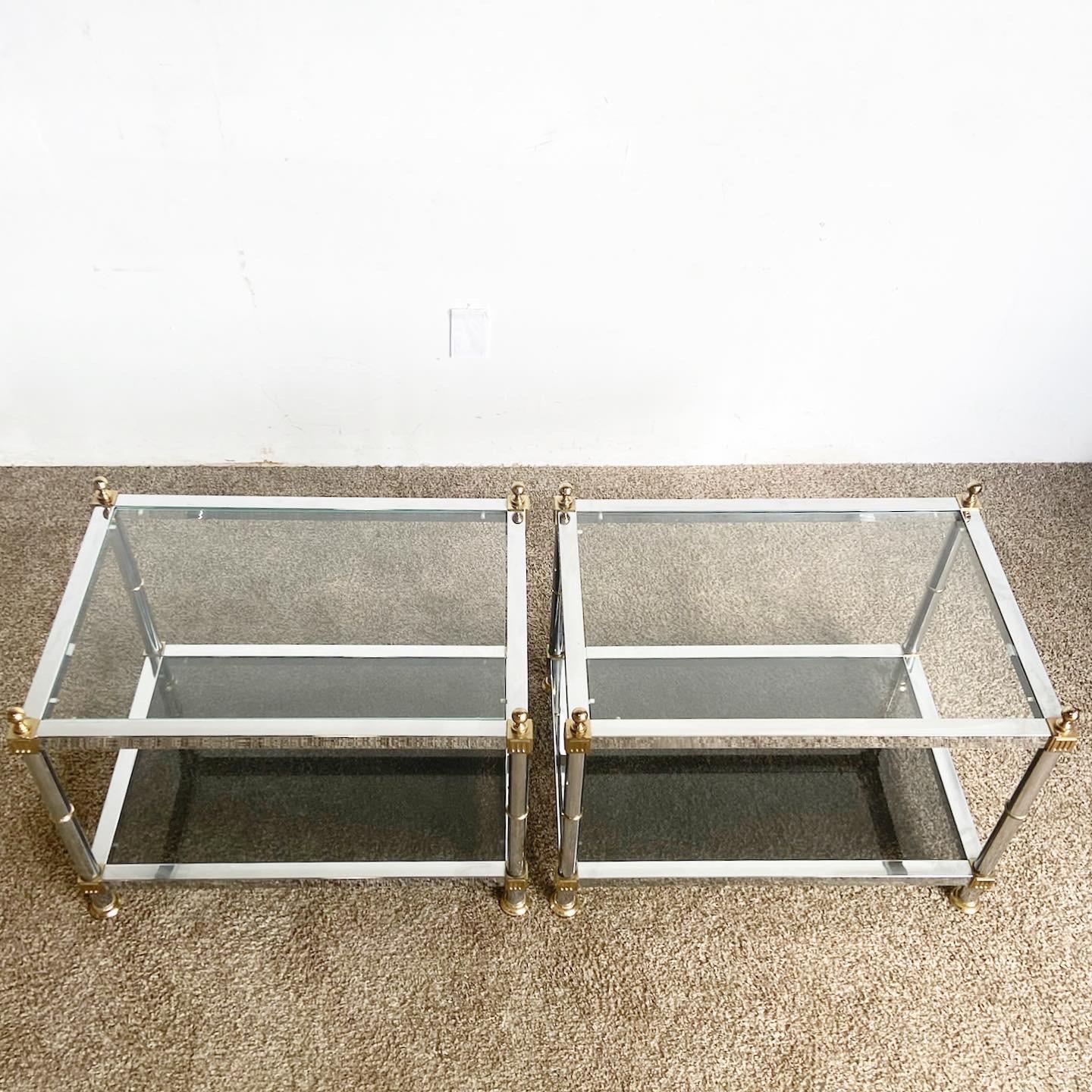 Late 20th Century Hollywood Regency Chrome and Gold Smoked Glass Side Tables