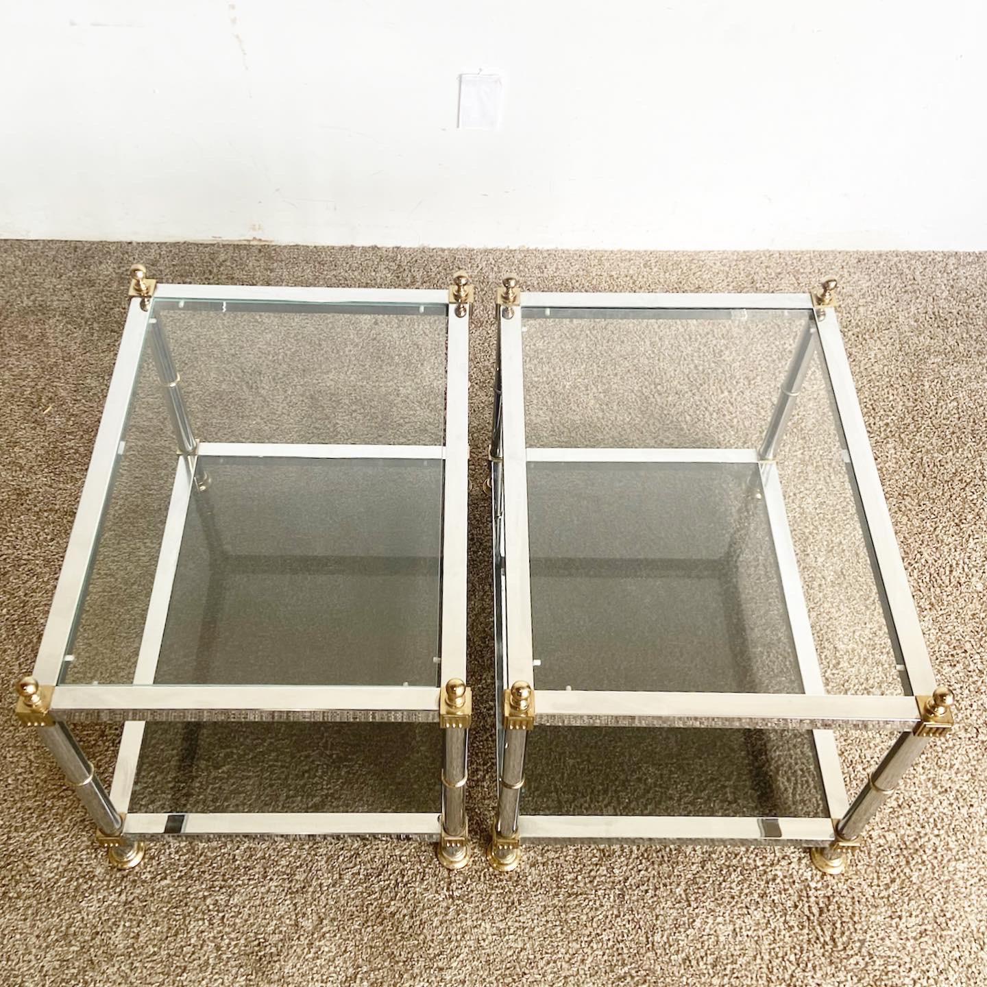 Hollywood Regency Chrome and Gold Smoked Glass Side Tables 1