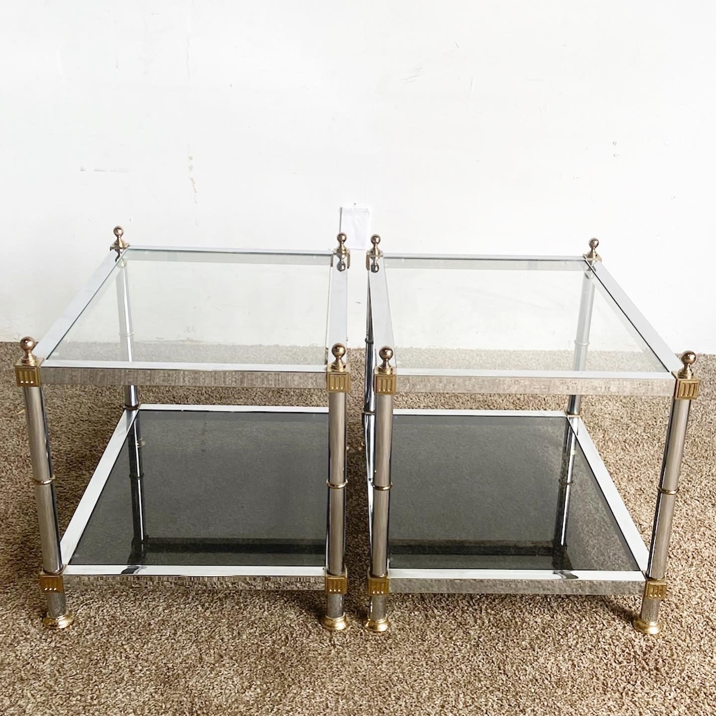 Hollywood Regency Chrome and Gold Smoked Glass Side Tables 2