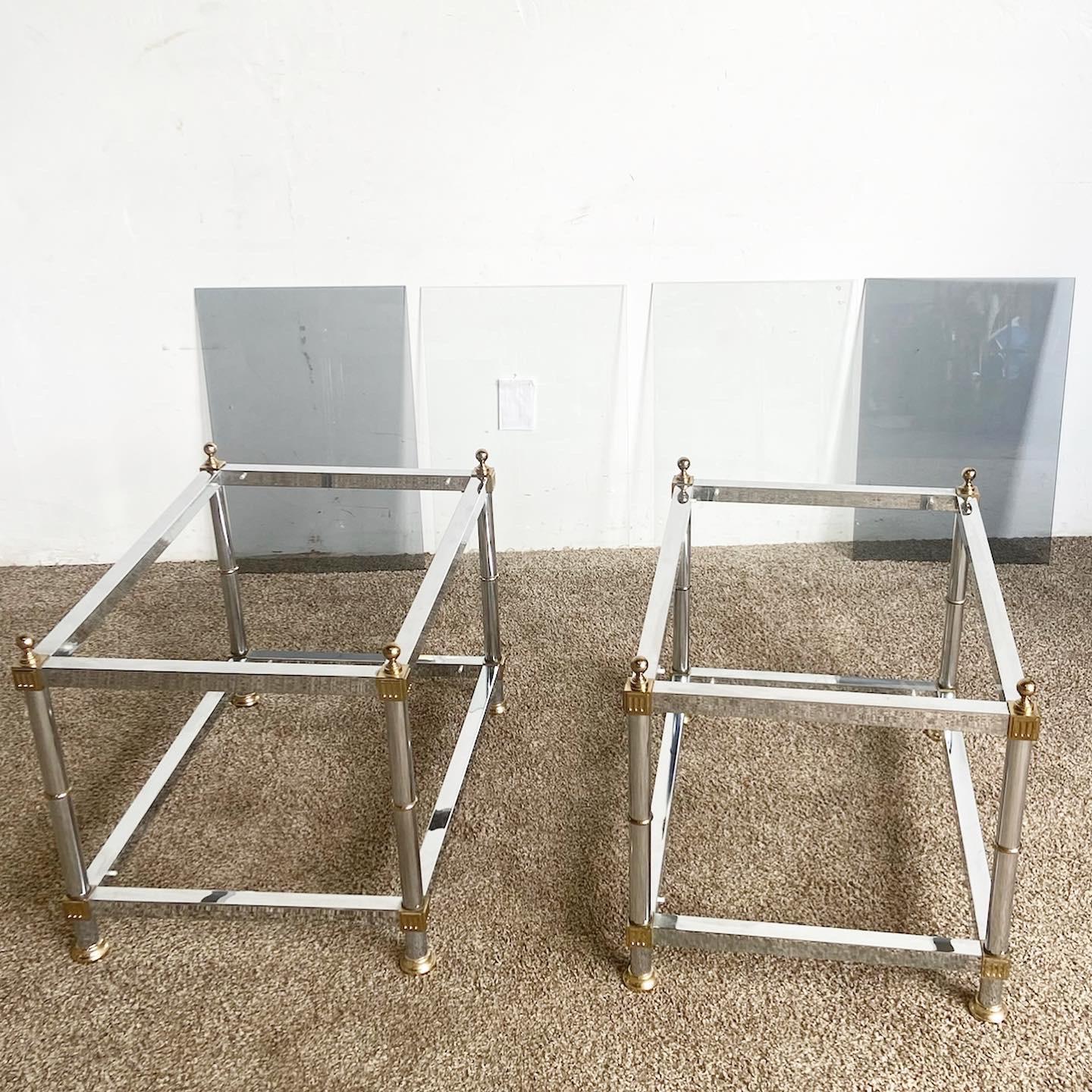Hollywood Regency Chrome and Gold Smoked Glass Side Tables 3