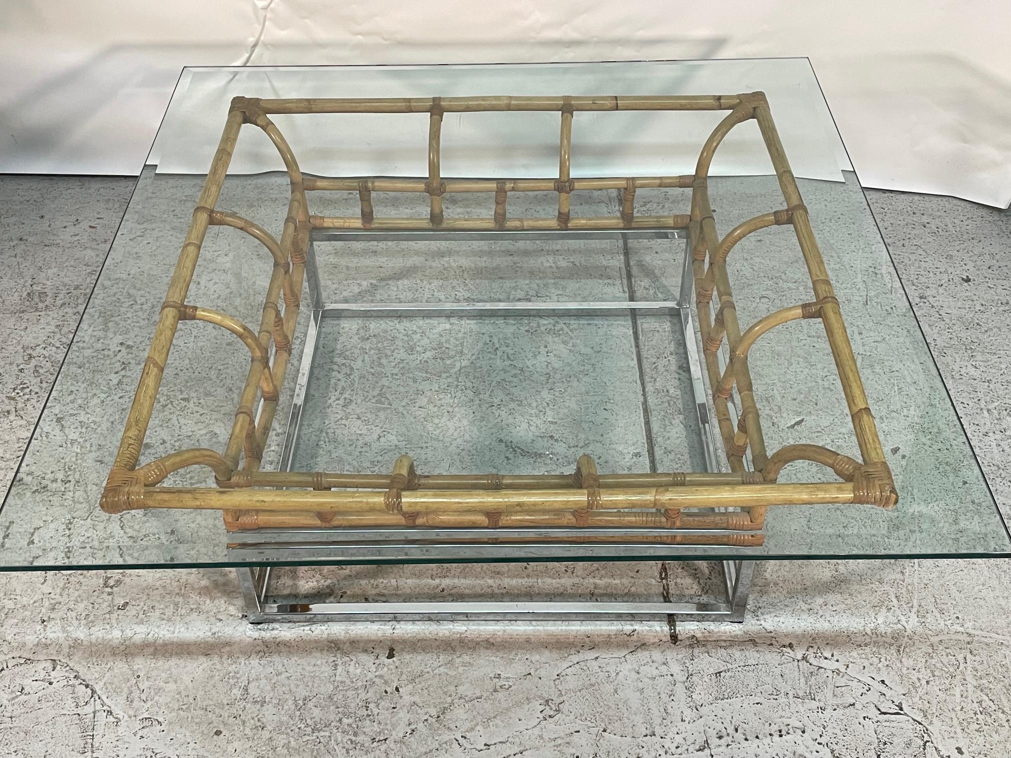 Hollywood Regency Chrome and Rattan Coffee Table In Good Condition For Sale In Jacksonville, FL