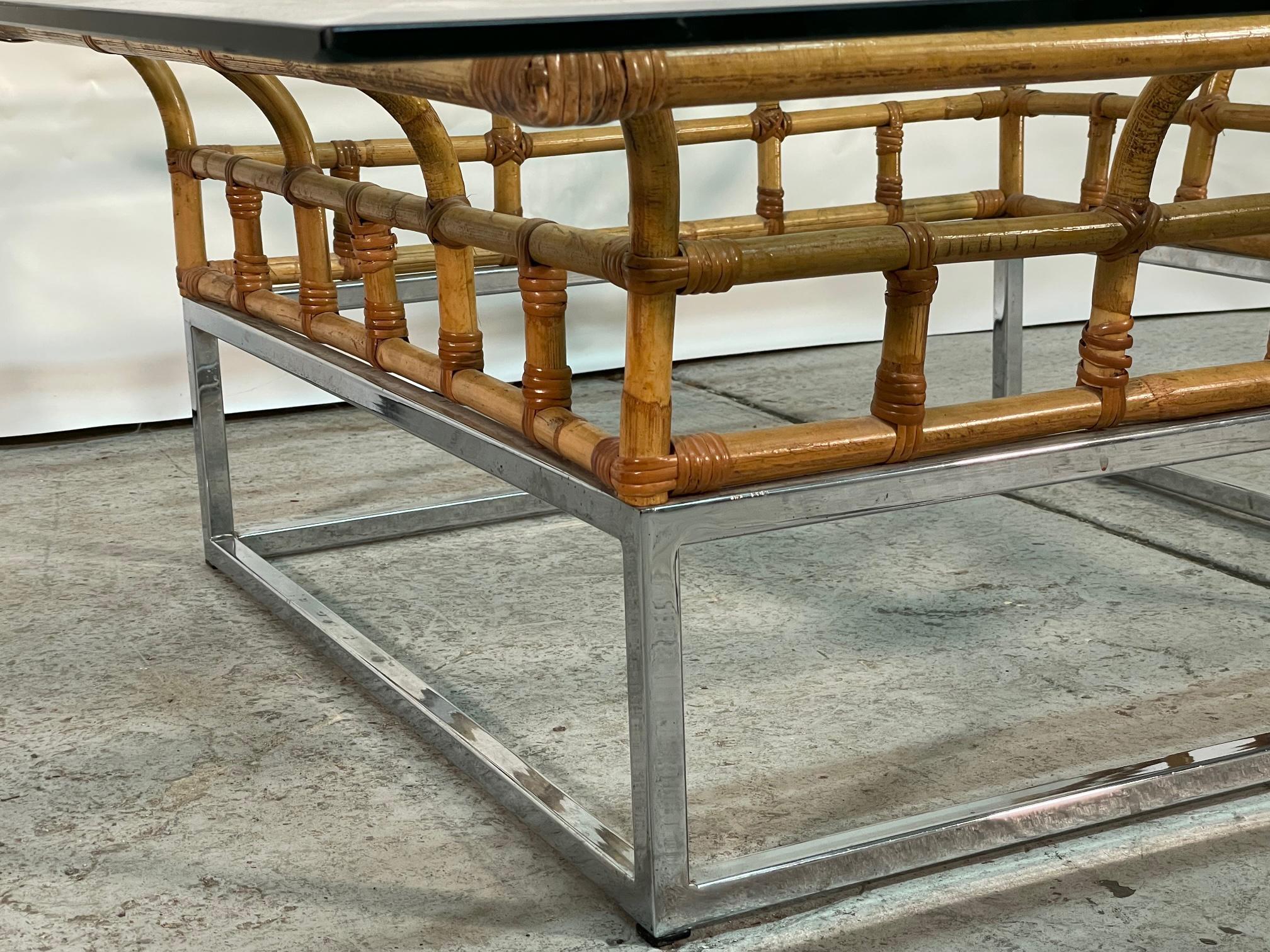 20th Century Hollywood Regency Chrome and Rattan Coffee Table For Sale