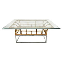 Hollywood Regency Chrome and Rattan Coffee Table