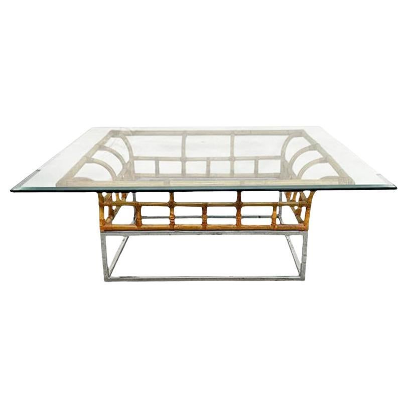 Hollywood Regency Chrome and Rattan Coffee Table For Sale