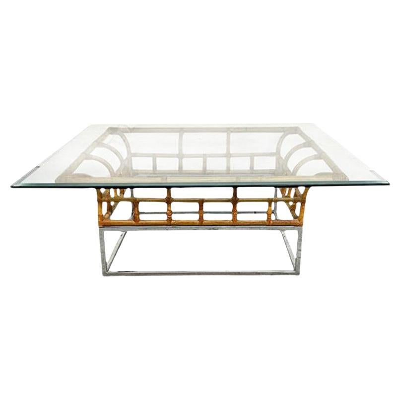 Hollywood Regency Chrome and Rattan Coffee Table For Sale