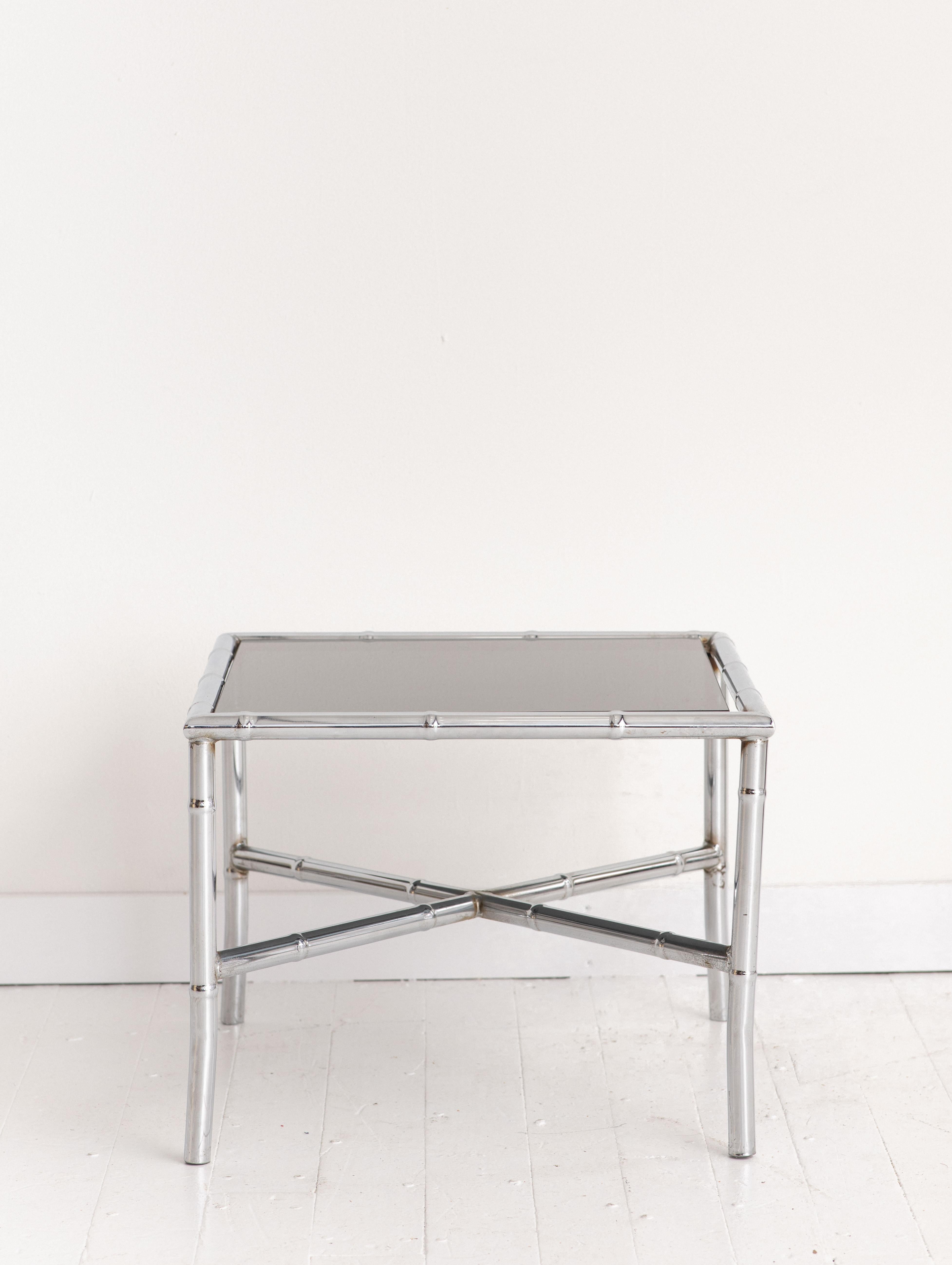 20th Century Hollywood Regency Chrome Faux Bamboo Side Tables, a Pair