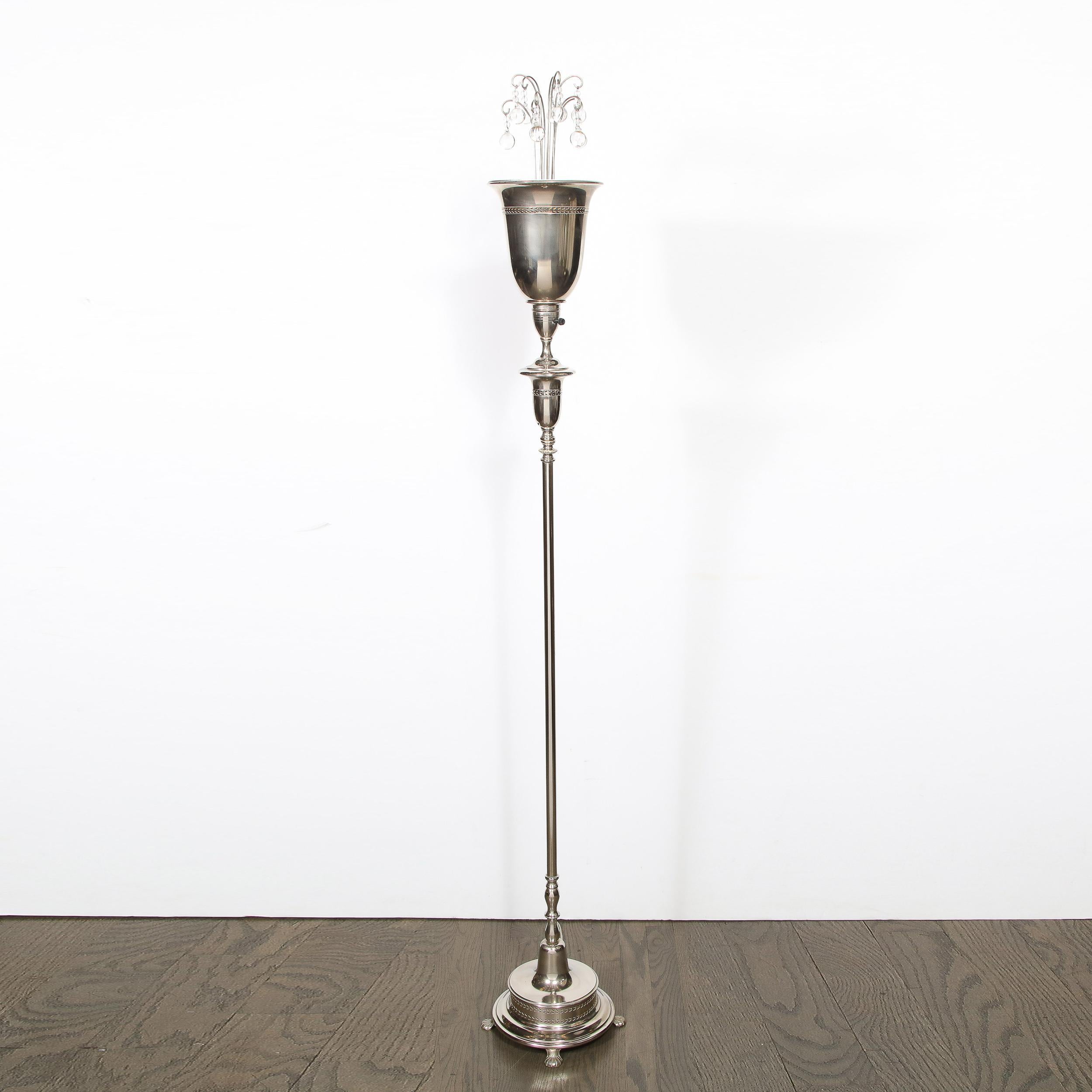 Hollywood Regency Chrome Floor Lamp with Crystal Tear Drop Embellishments In Excellent Condition For Sale In New York, NY