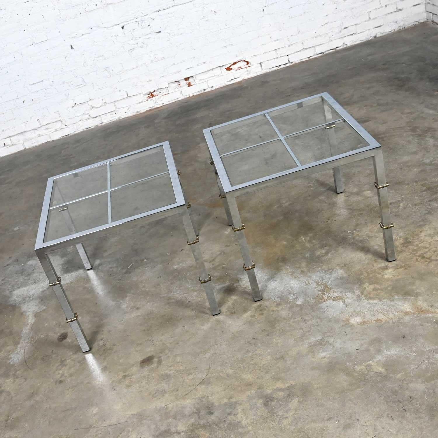 Hollywood Regency Chrome & Glass Square End Tables Brass Details a Pair For Sale 5