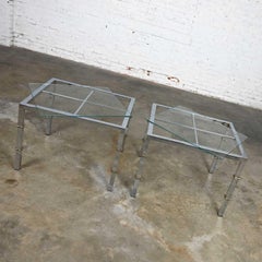 Hollywood Regency Chrome & Glass Square End Tables Brass Details a Pair
