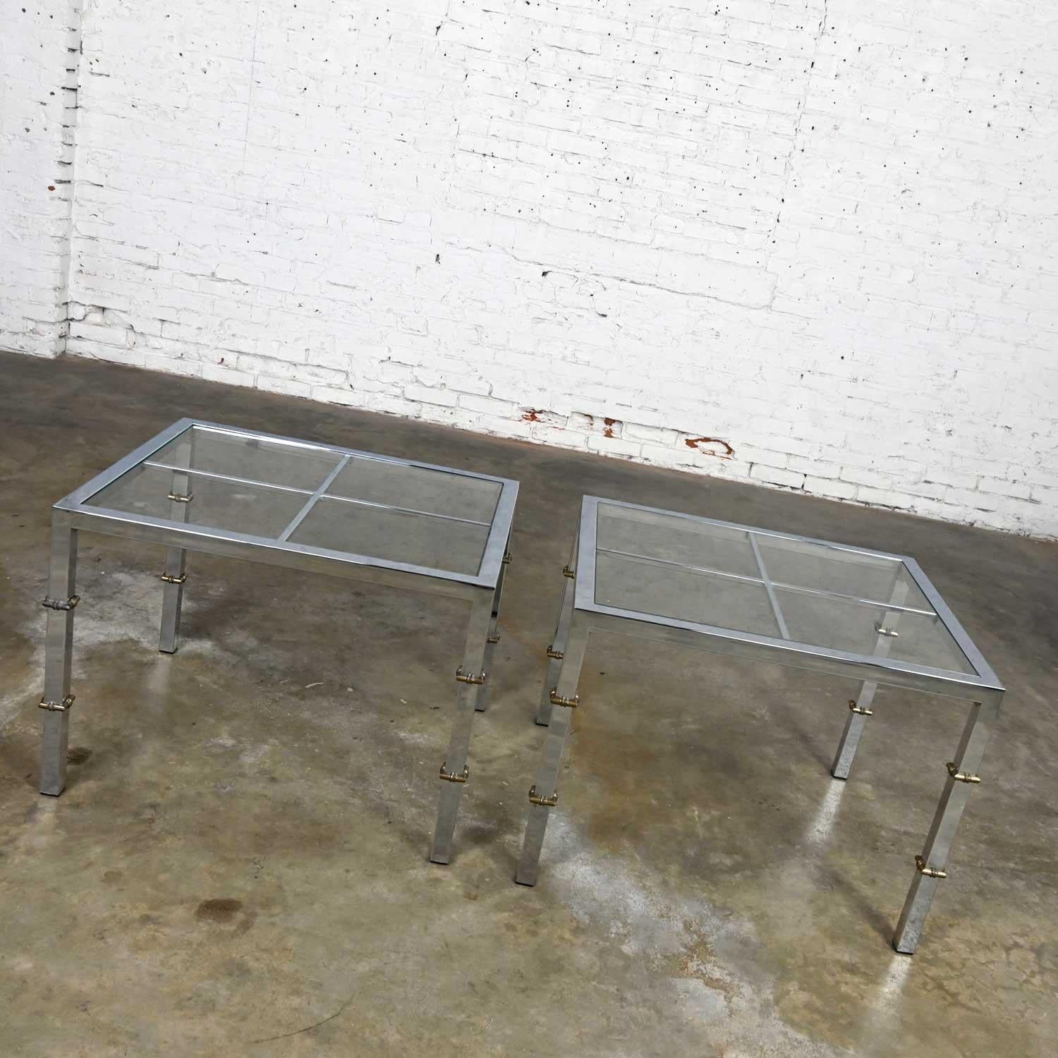 20th Century Hollywood Regency Chrome & Glass Square End Tables Brass Details a Pair For Sale
