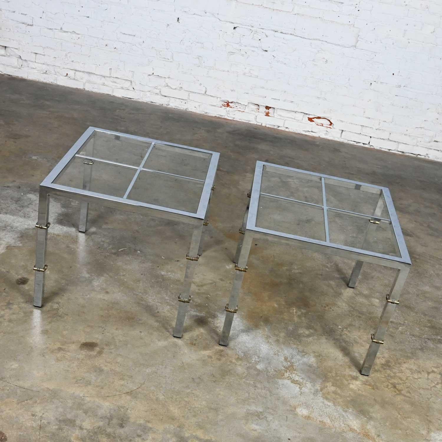 Hollywood Regency Chrome & Glass Square End Tables Brass Details a Pair For Sale 3