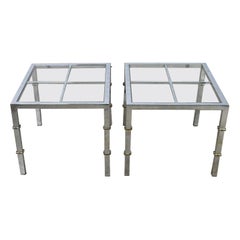 Hollywood Regency Chrome & Glass Square End Tables Brass Details a Pair