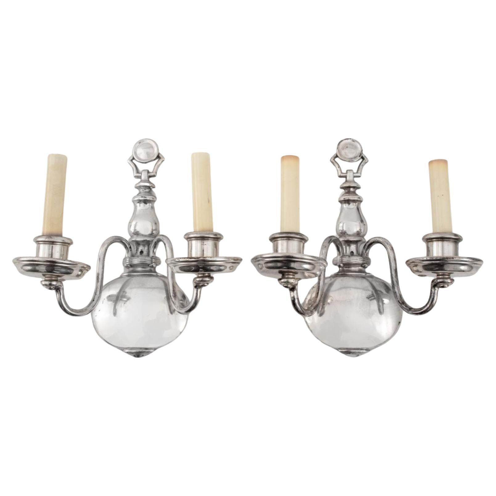 Hollywood Regency Chromed Brass Sconces, Pair