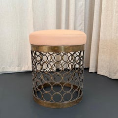 Hollywood Regency Circular Brass And Leather Stool Ottoman