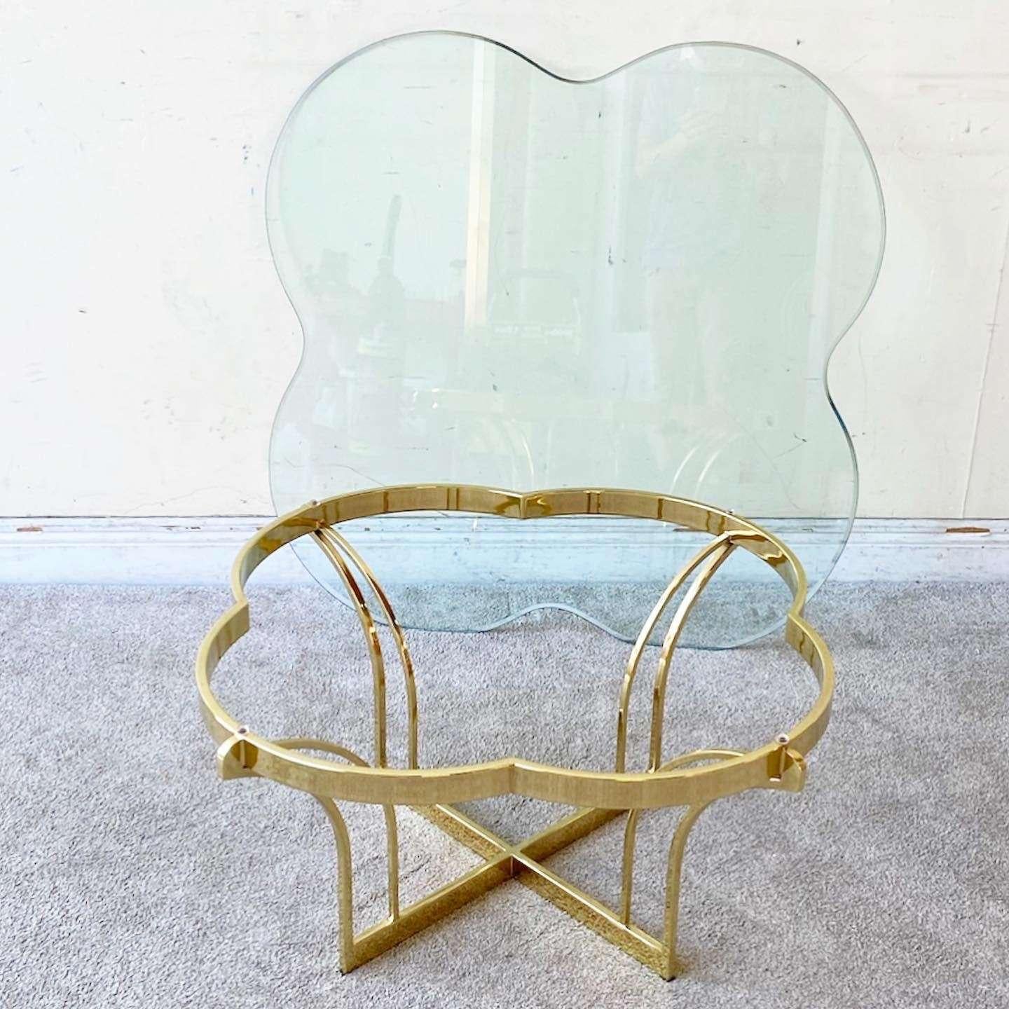 Late 20th Century Hollywood Regency Clover Cloud Glass and Gold Coffee Table For Sale