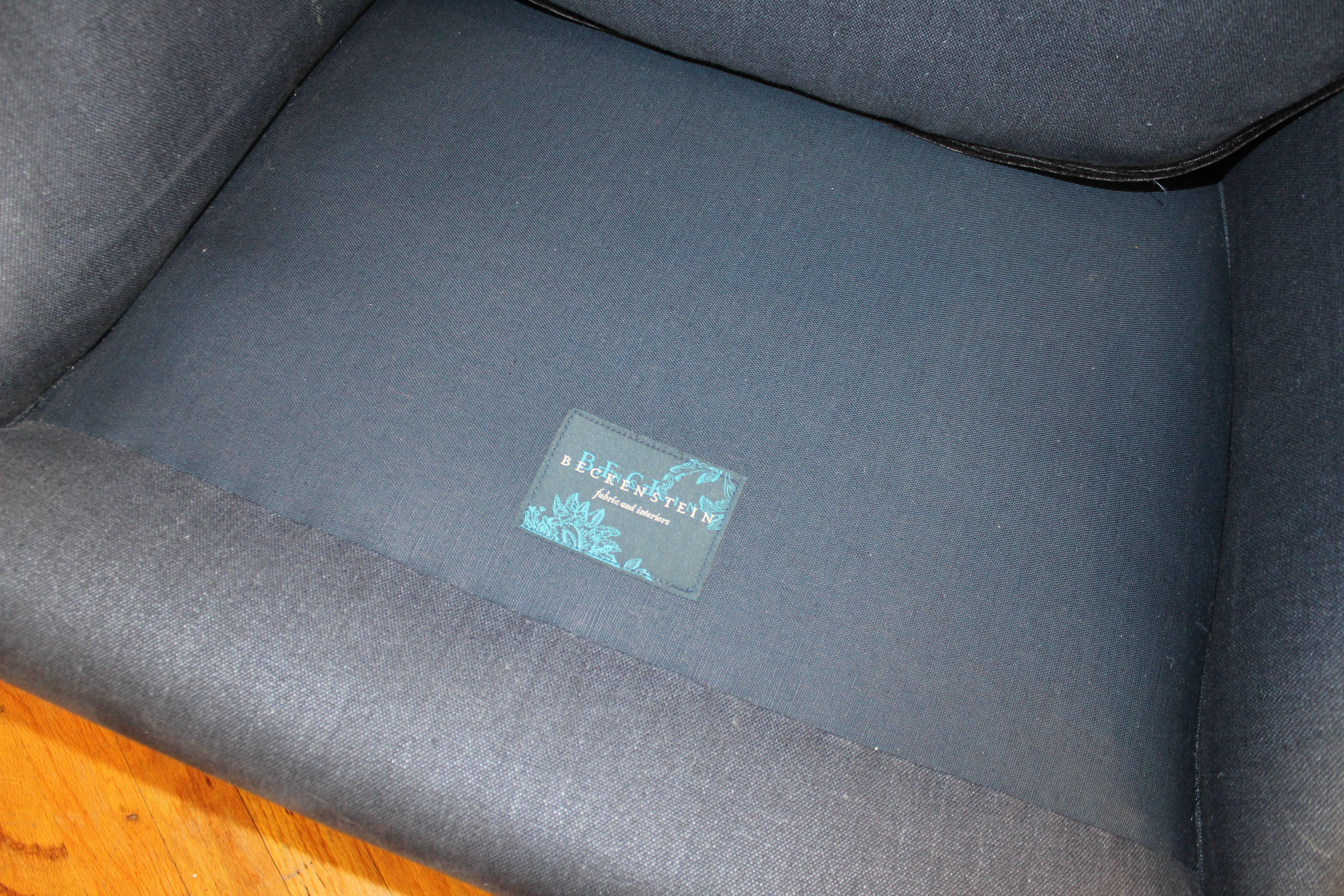 Hollywood Regency Club Chairs in Blue Linen with Ebonized Legs 3