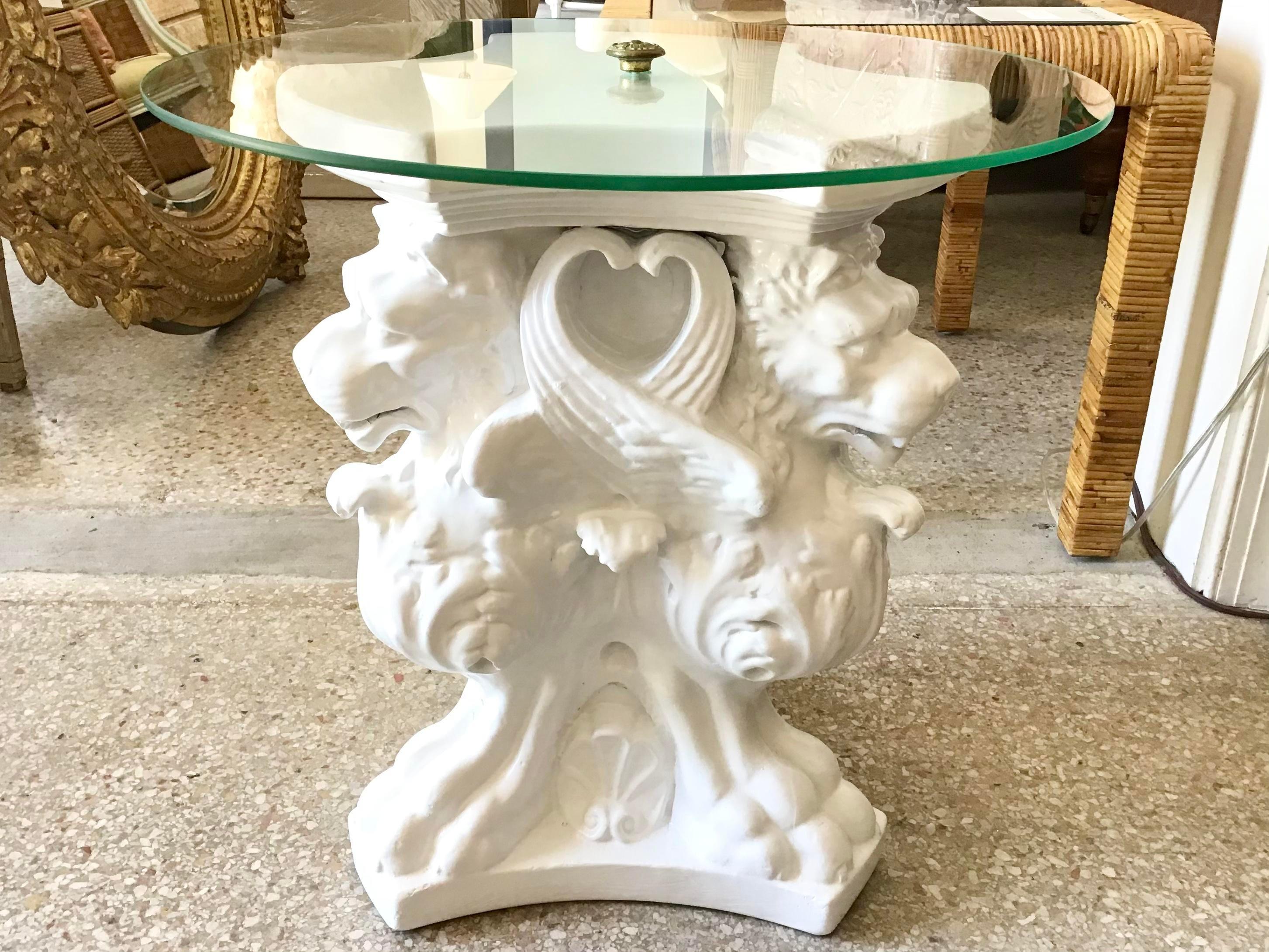 Glass Hollywood Regency Cocktail Table with Griffins Carved Base For Sale