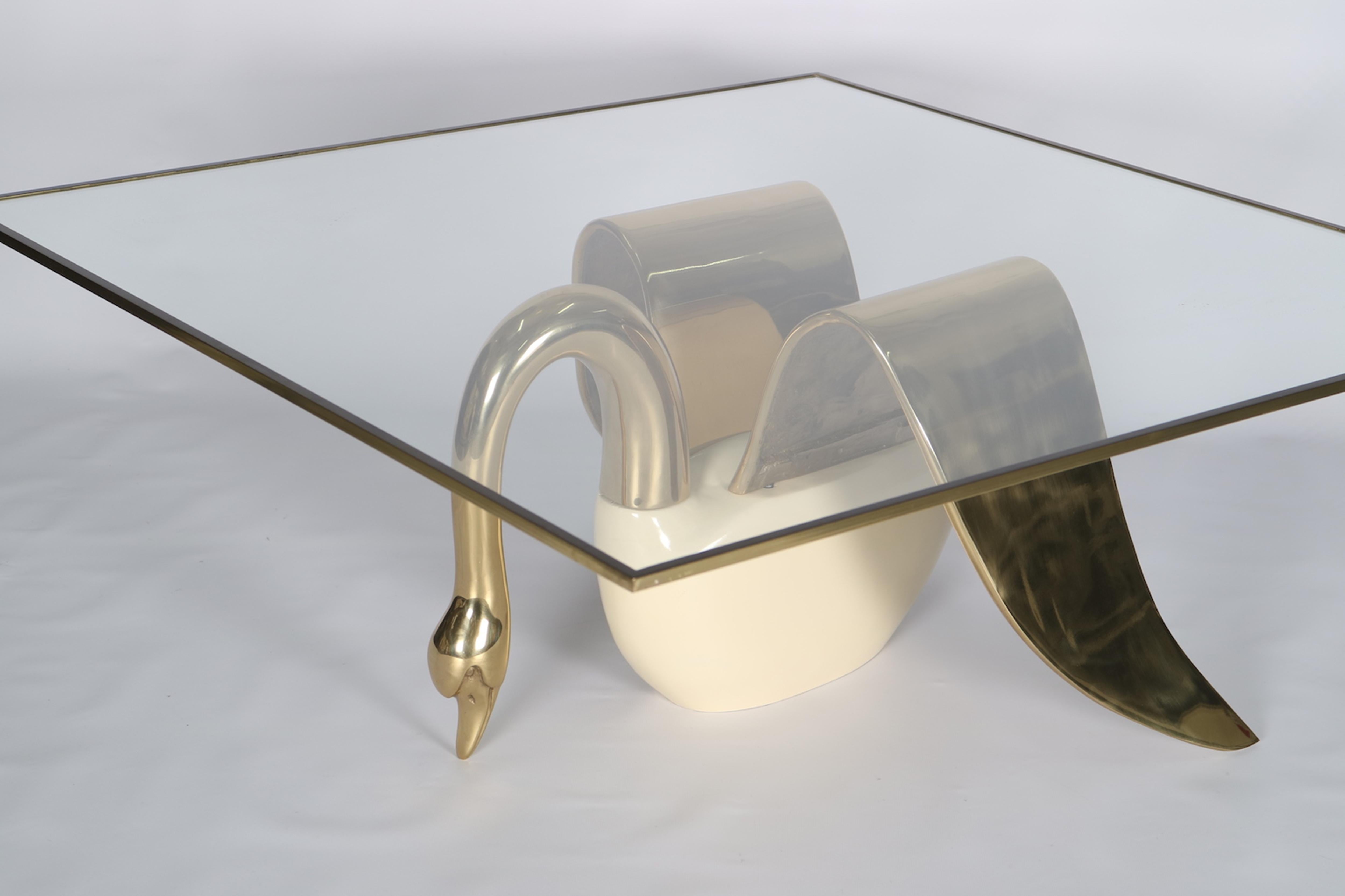 French Hollywood Regency Cocktail Table with Swan Base in Brass