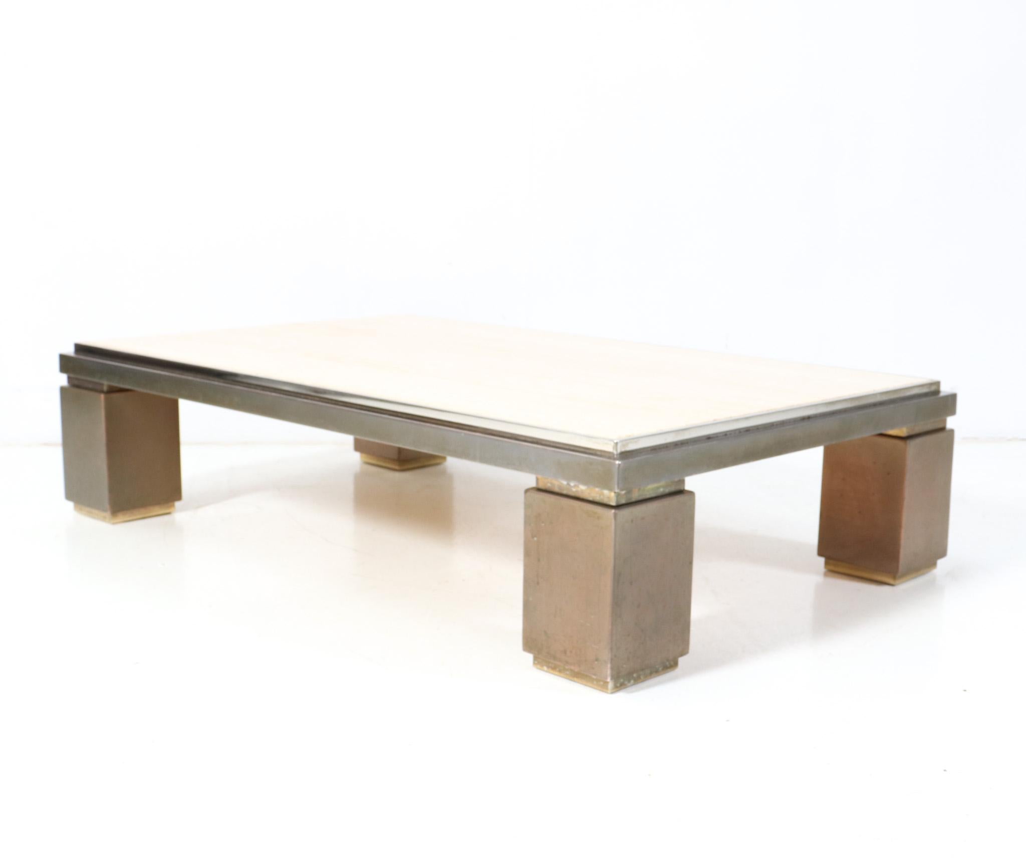 Belgian Hollywood Regency  Coffee Table by Belgo Chrome with Travertine Top, 1970s For Sale